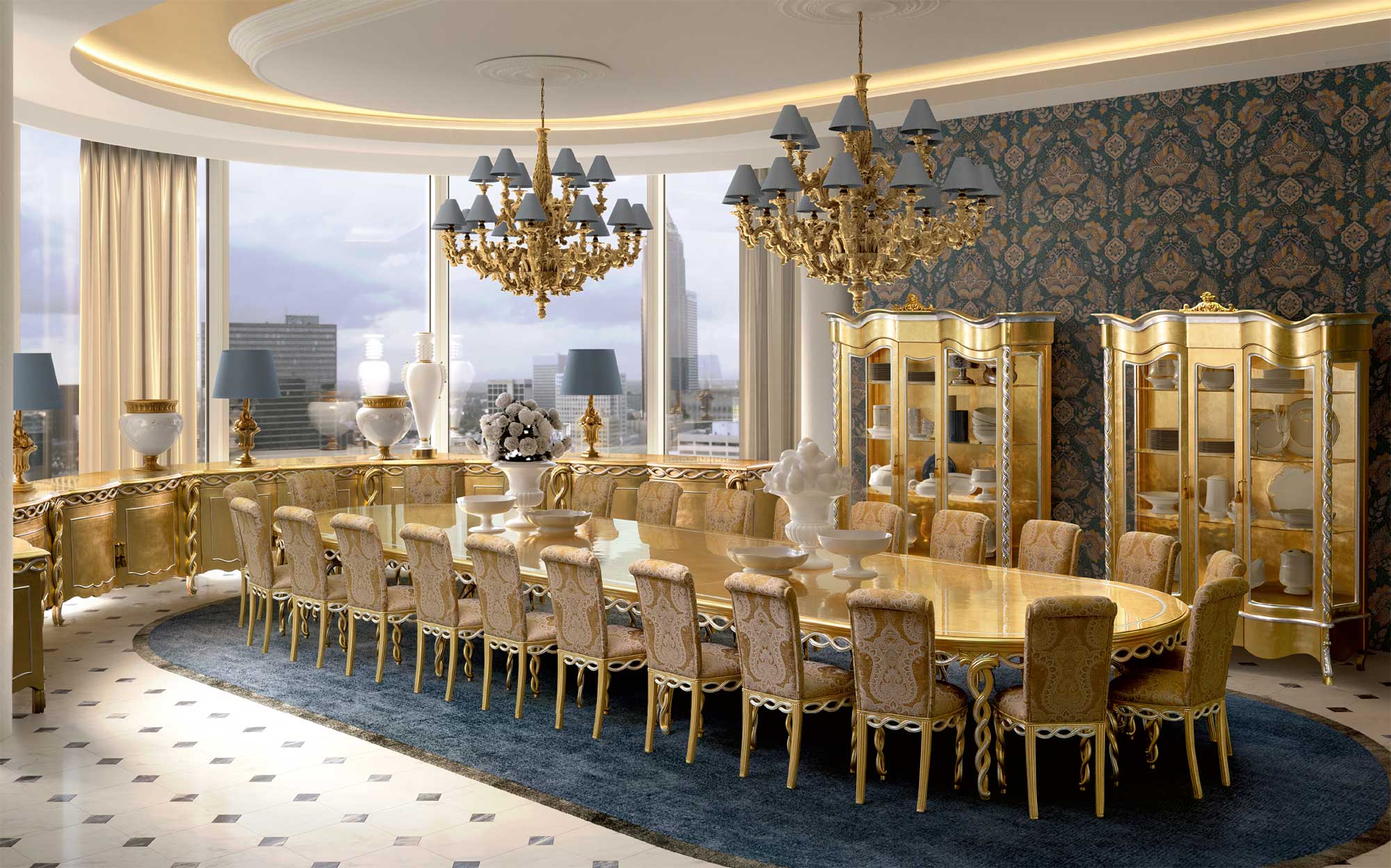 Imperial dining room with gold oval table and classic upholstered chairs