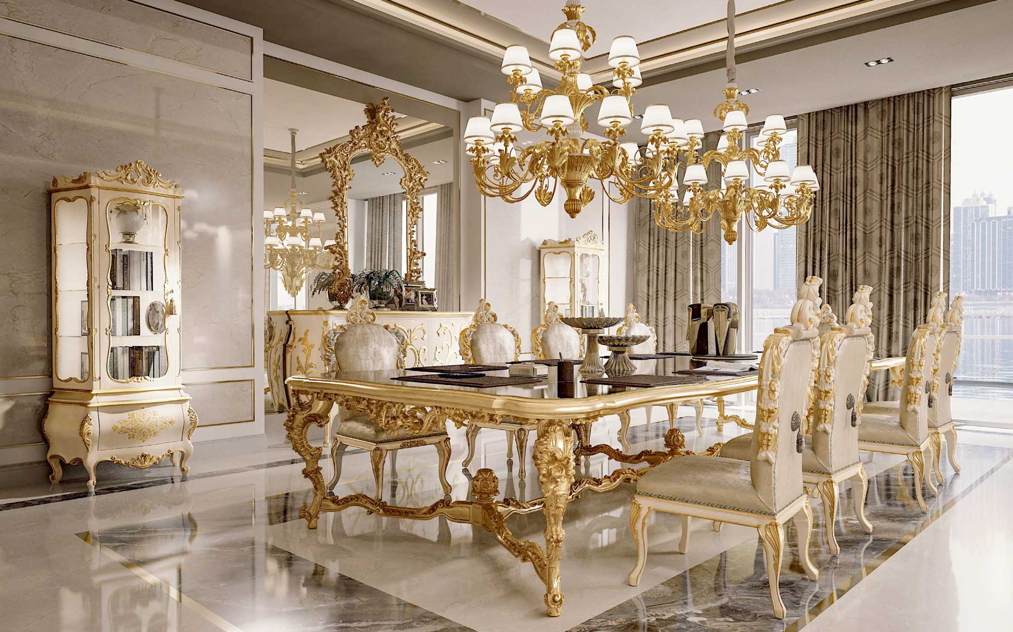 Luxury dining room in classic style with carved table and gilded chairs Andrea Fanfani Opera