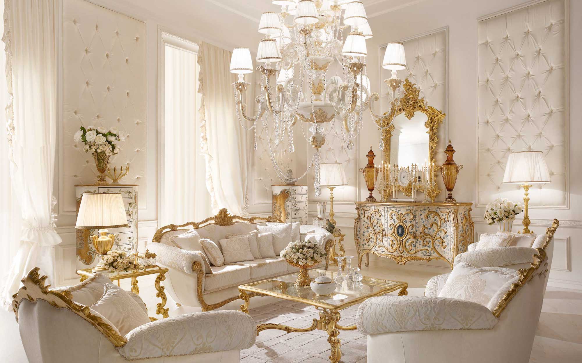 Elegant living room in classic style with embroidered sofas, golden table and mirror Andrea Fanfani Opera