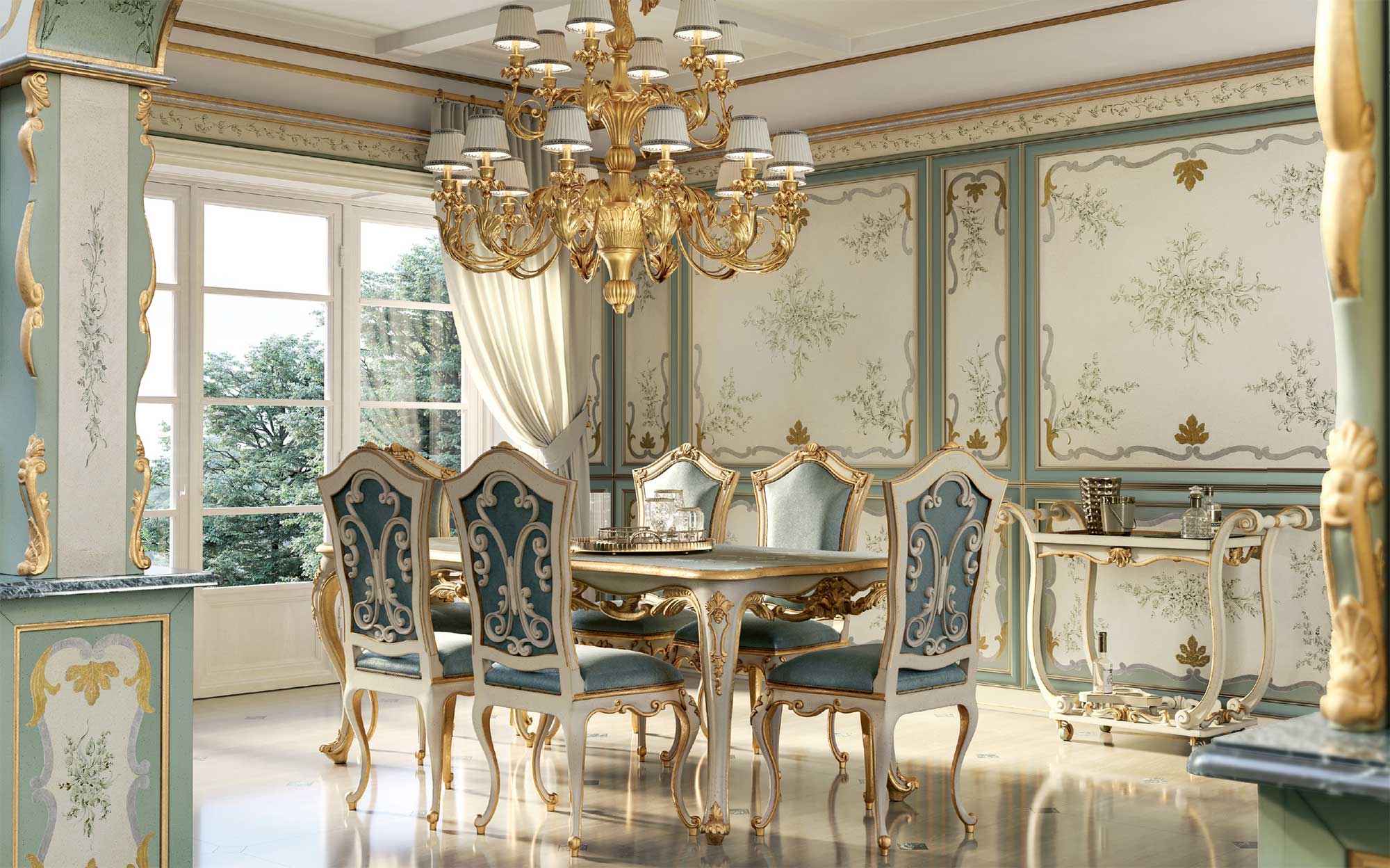 Classic dining room with ornate table, upholstered chairs and golden chandelier