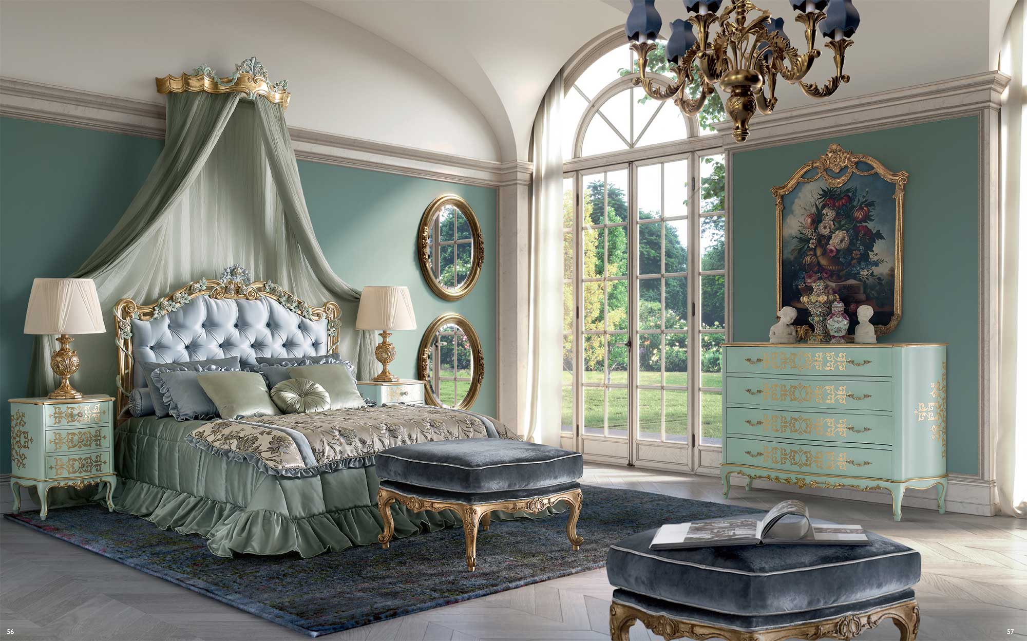 Classic bedroom with canopy bed, tufted headboard and ornate furniture