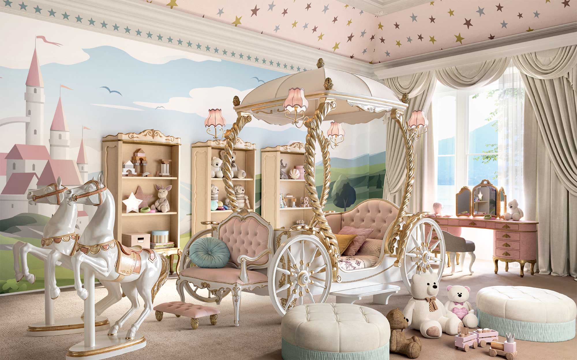 Princess-themed kids room with carriage bed, rocking horses and fairytale decor