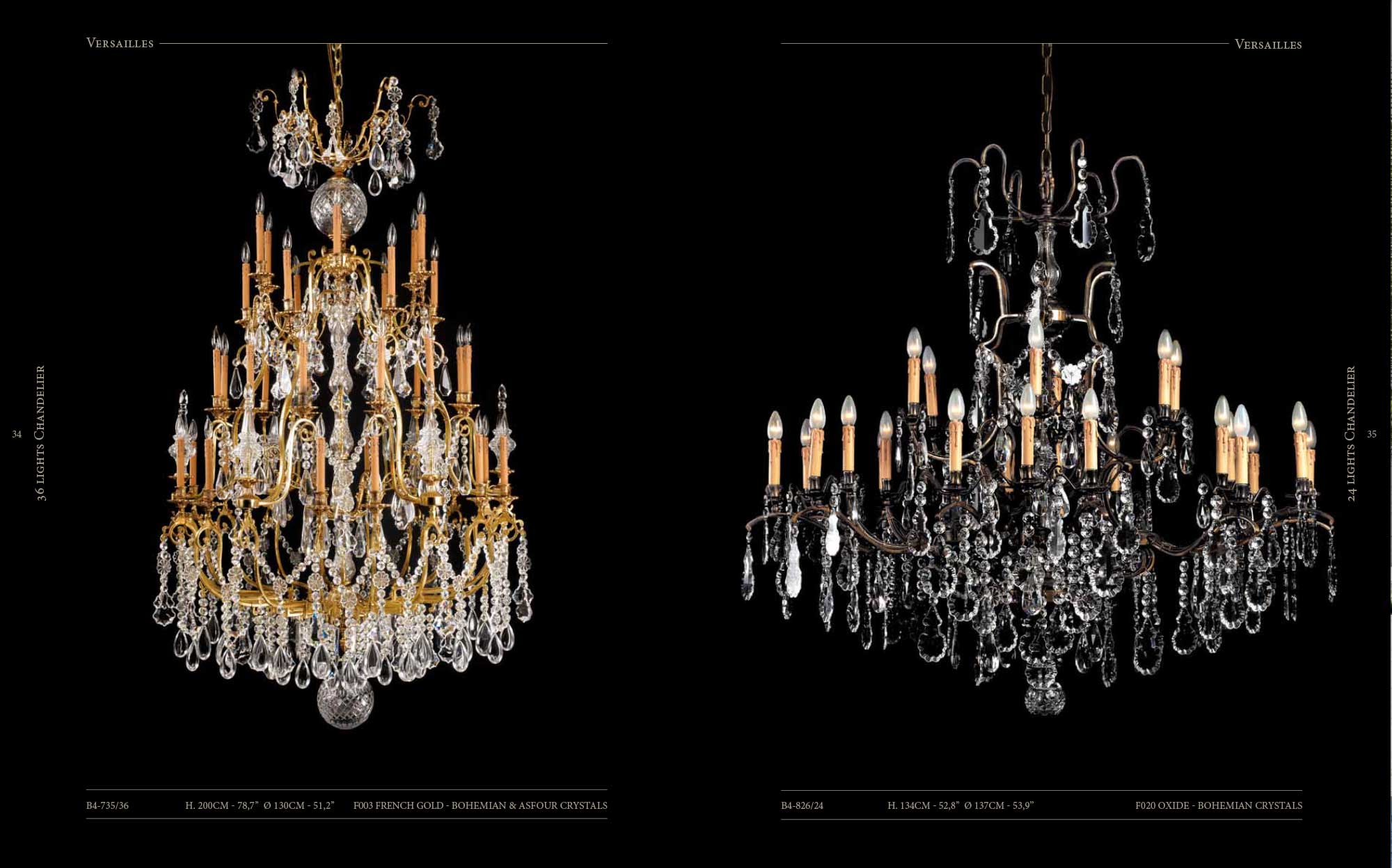 Versailles 36 and 24 lights chandeliers by Badari with Bohemian crystals, gold and oxidized finishes