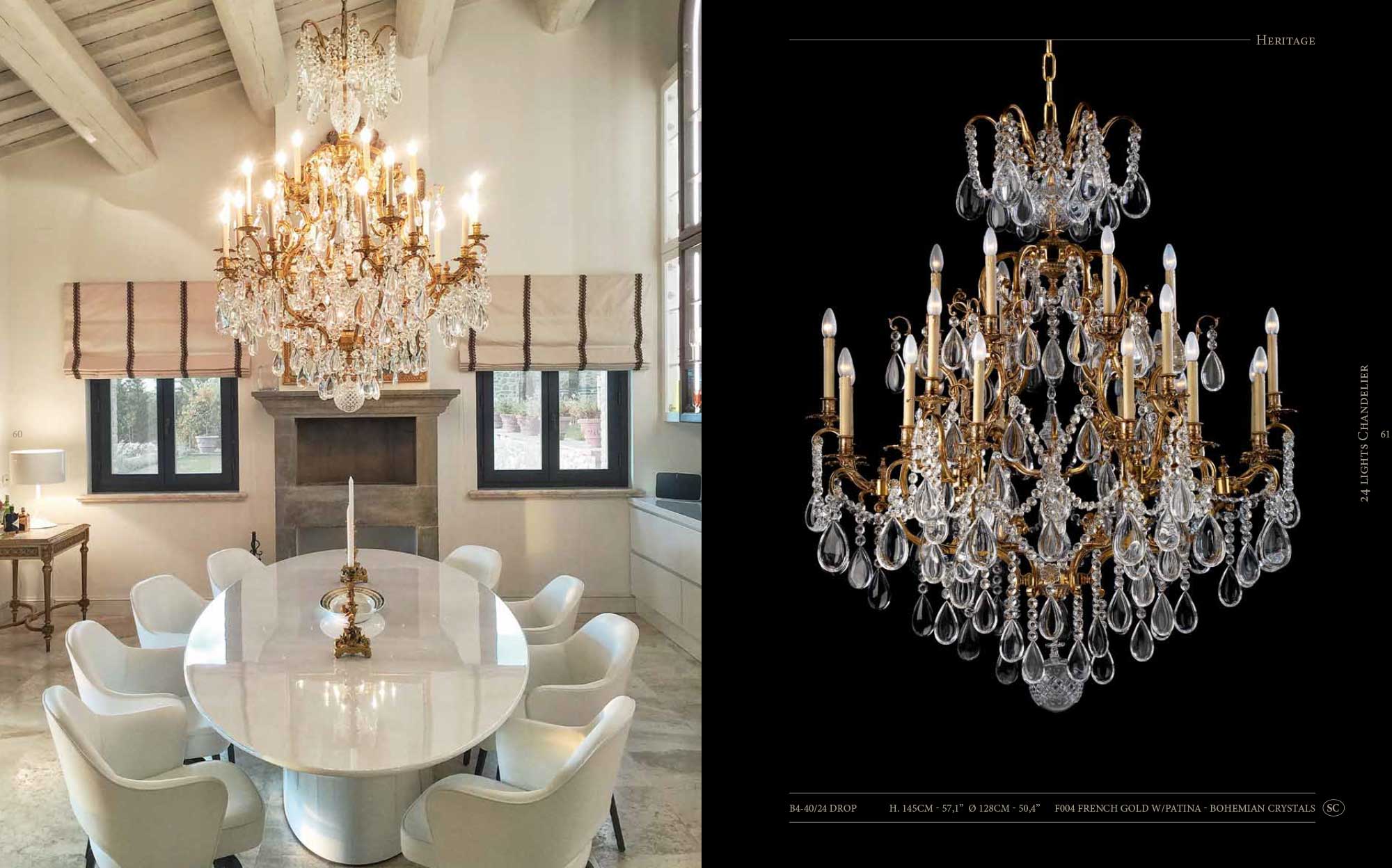 Heritage chandelier with 24 lights by Badari in Bohemian crystal and French gold with patina