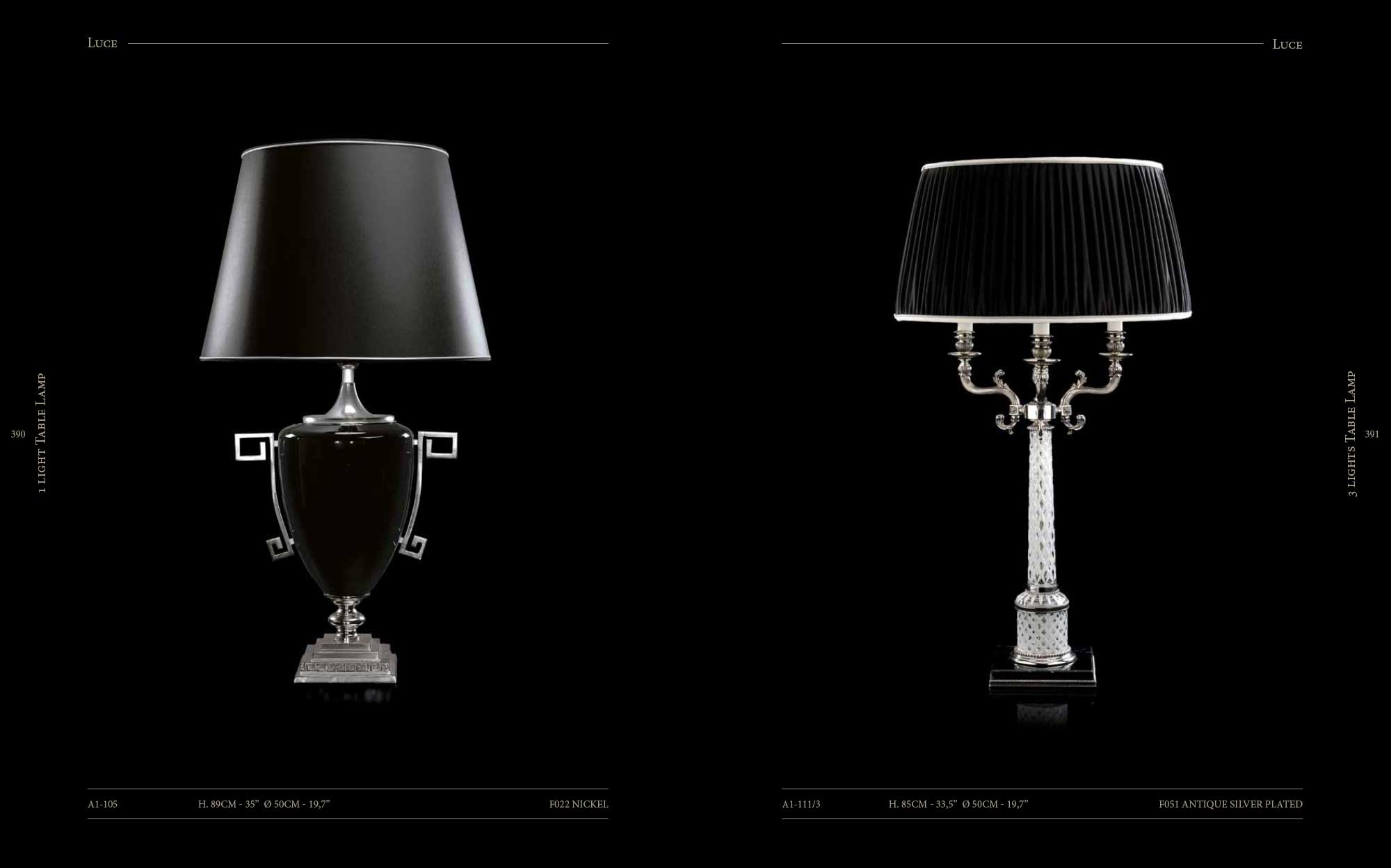 Elegant Badari table lamps in classic design with nickel and antique silver finishes
