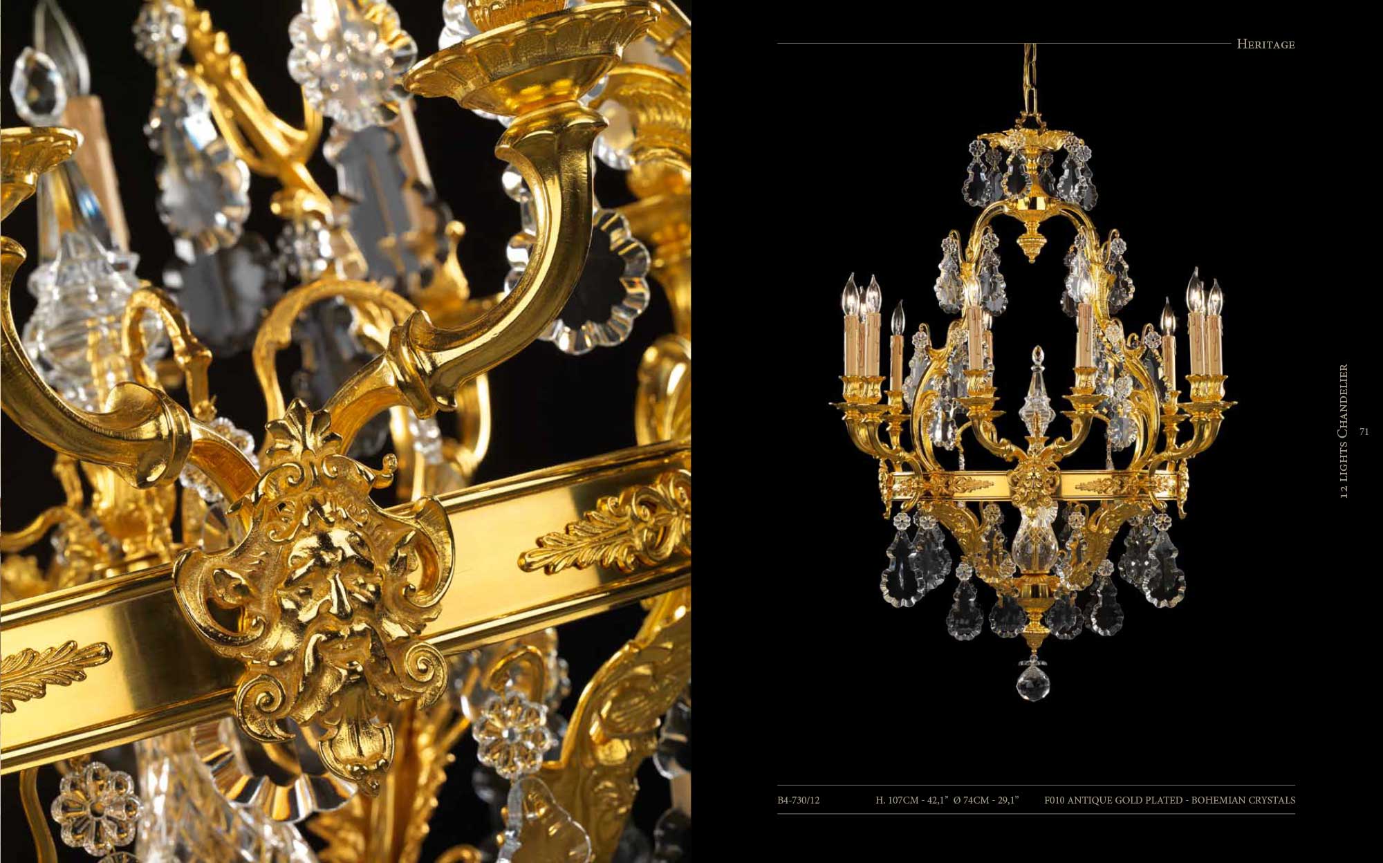 12-light Badari chandelier in antique gold with Bohemian crystal drops