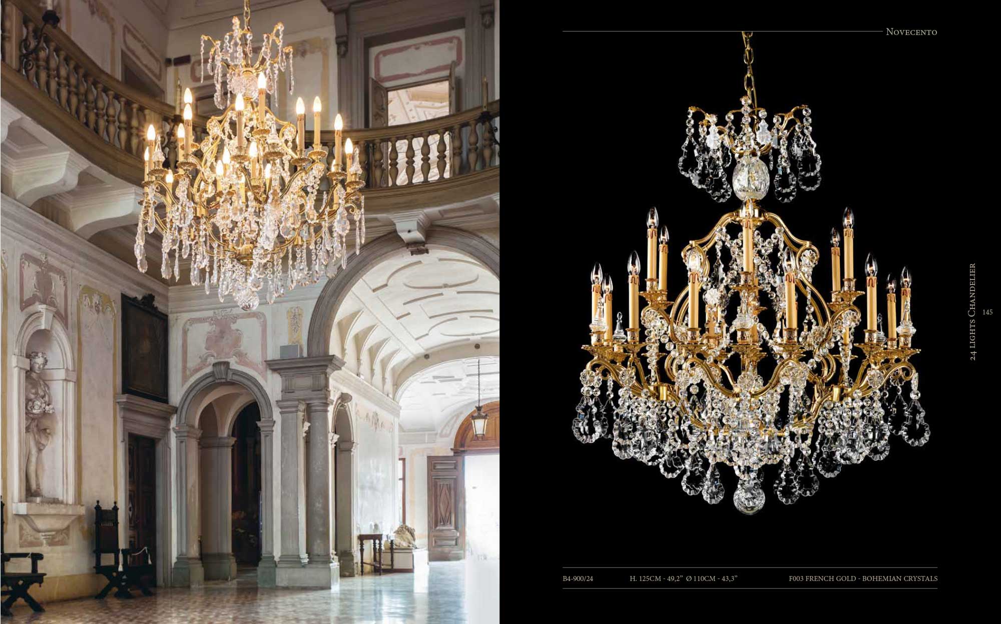 Novecento chandelier by Badari with 24 lights and Bohemian crystals in French gold finish