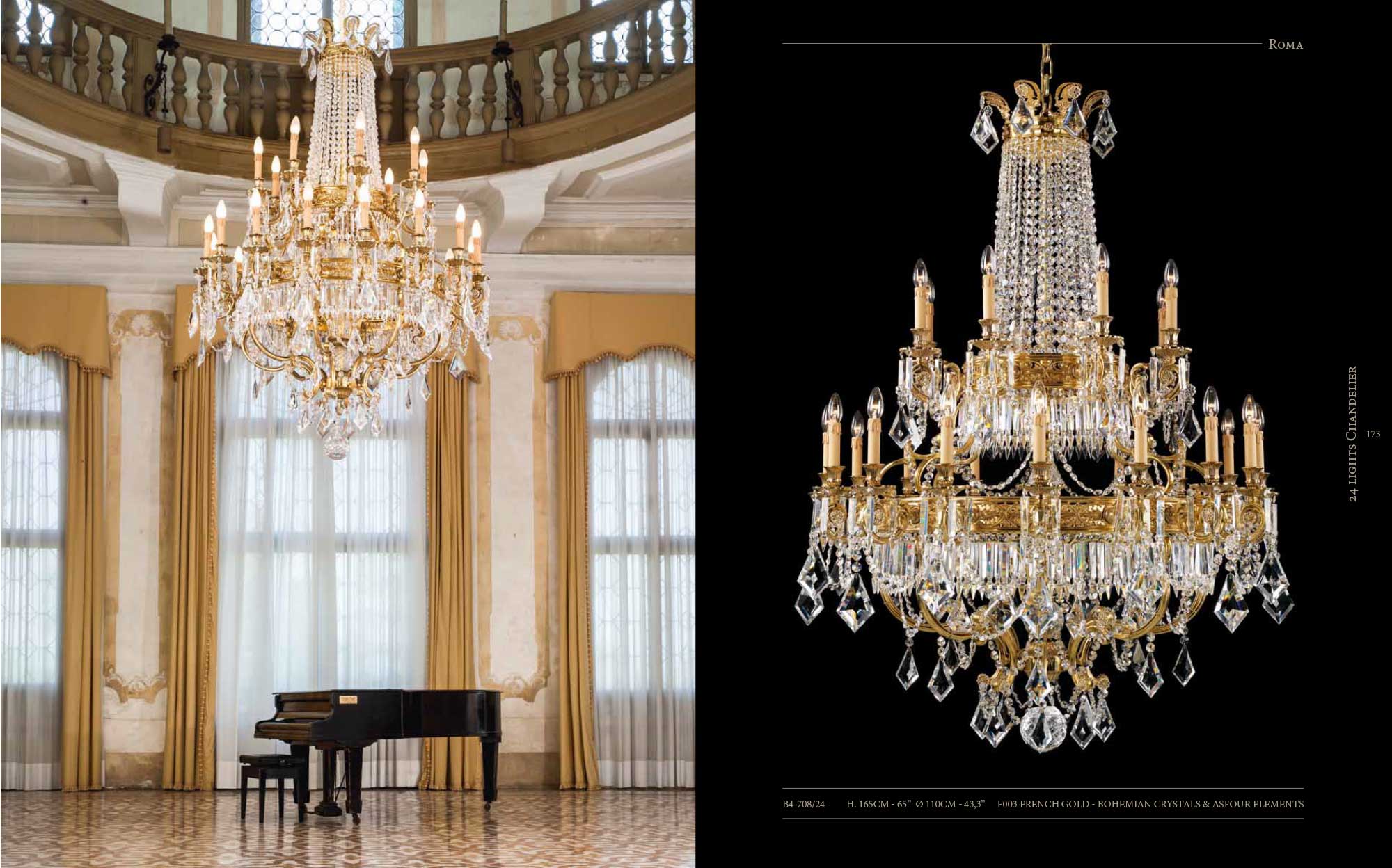  Roma chandelier by Badari in French gold with Bohemian and Asfour crystals for luxury interiors