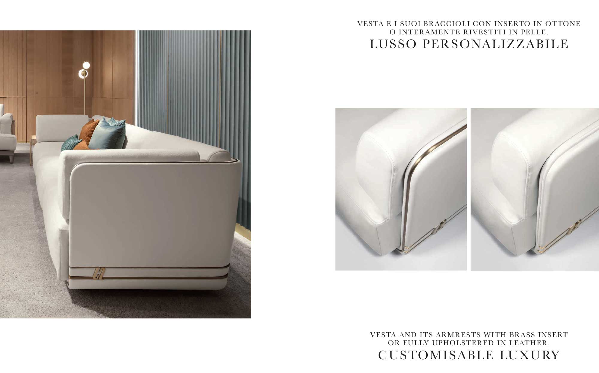 Customisable sofa armrest in brass or leather, Vesta model detail