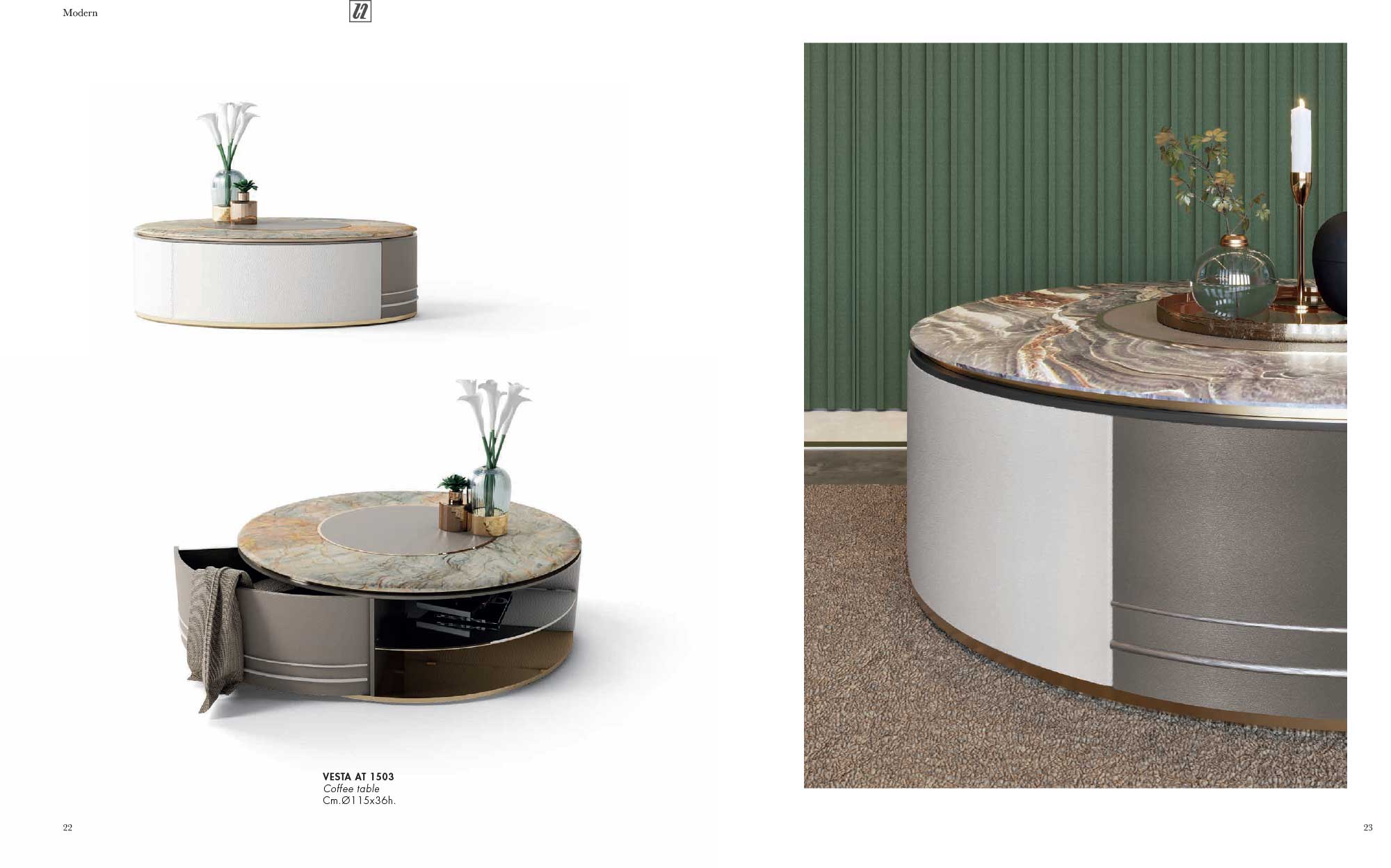 Vesta round coffee table with marble top and integrated storage, featuring contemporary and elegant design