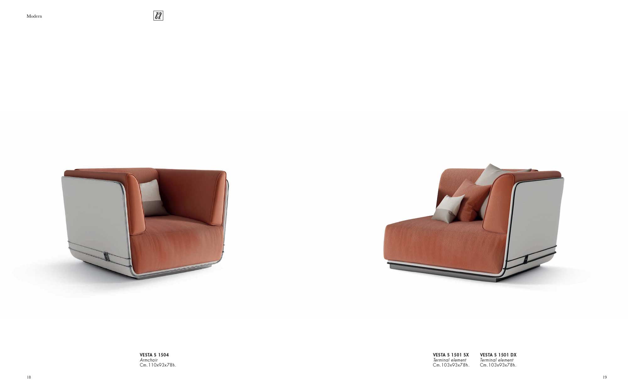 Vesta leather armchair and terminal modules with modern design, curved structure and elegant details