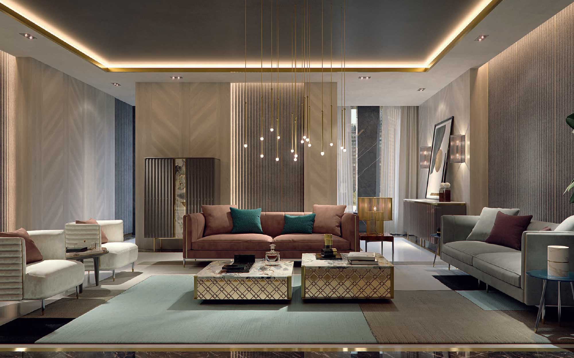 Modern living room with velvet sofas, elegant armchairs and coffee tables with golden accents