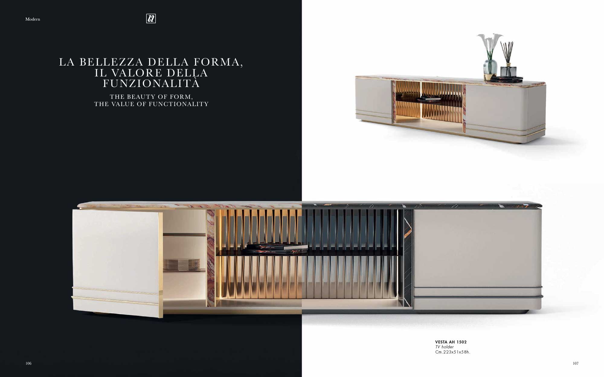 Modern TV unit with lacquered finish, metal accents and storage compartments