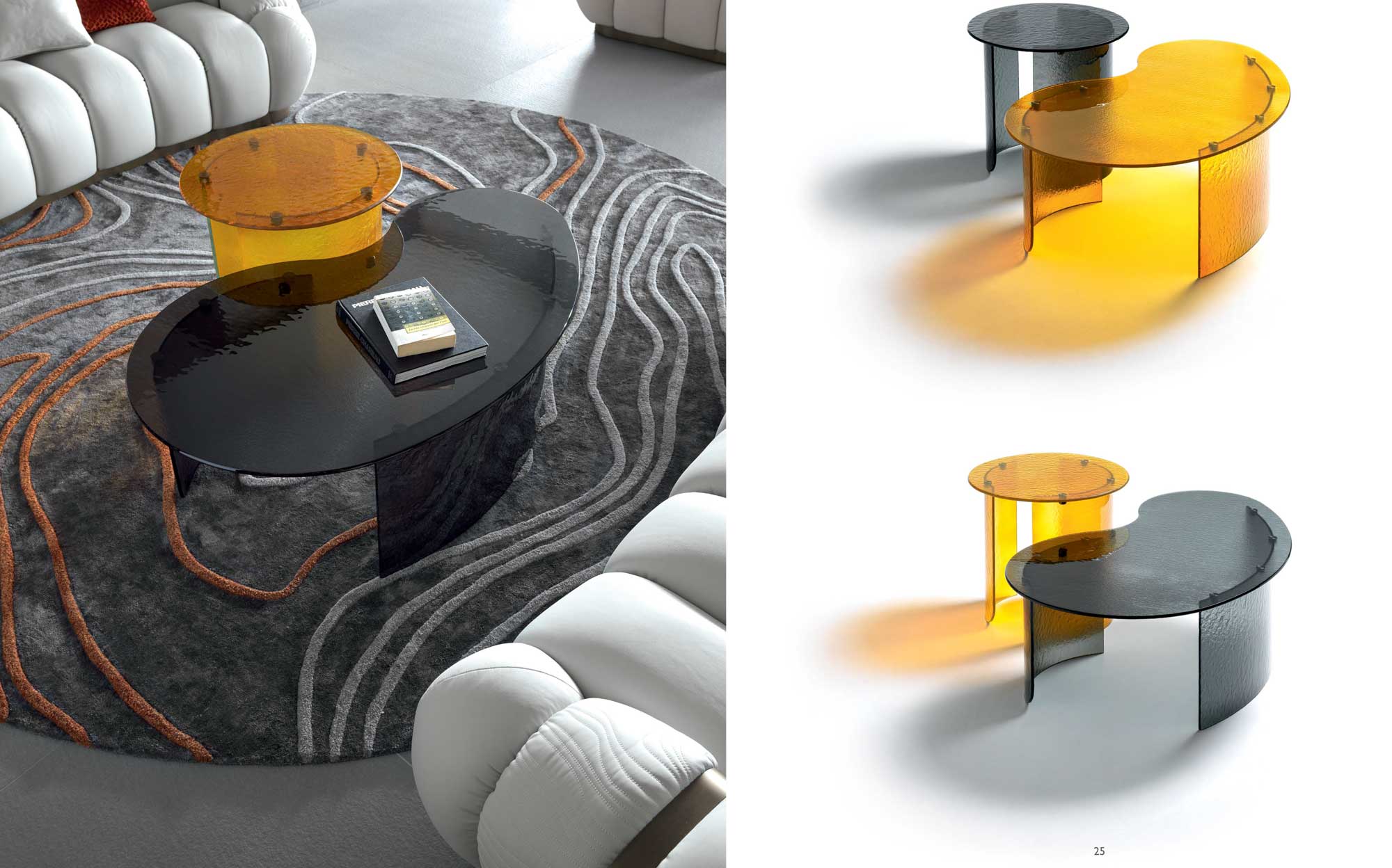 Скульптурні столики з гнутого скла: елегантність і характер в сучасній вітальні | 101DOMUS Скульптурні кавові столики з вигнутого чорного та бурштинового скла з глянцевим покриттям