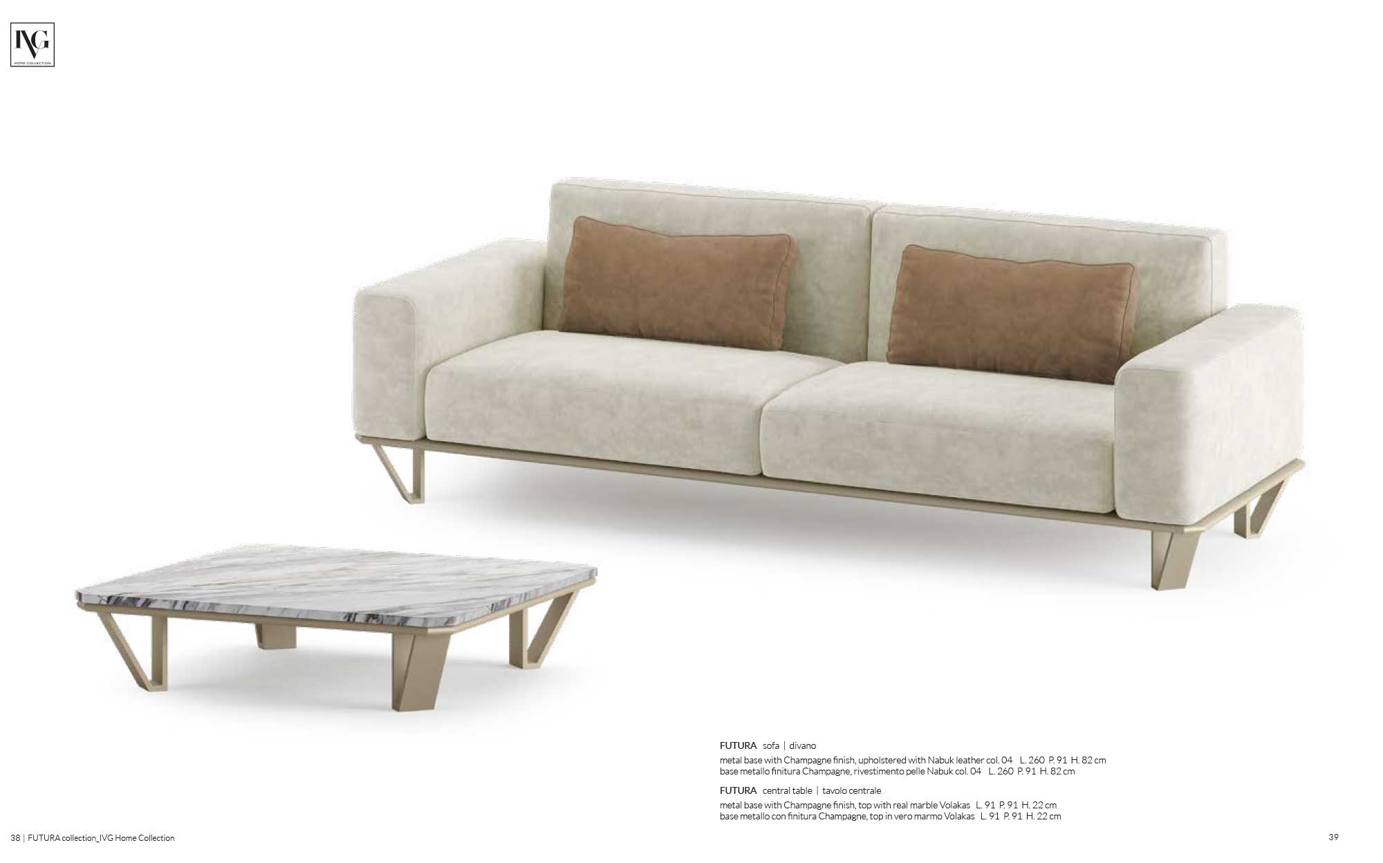 Designer furniture for modern and essential living areas | 101DOMUS Modern light fabric sofa with leather-colored cushions and low white marble coffee table with champagne metal base