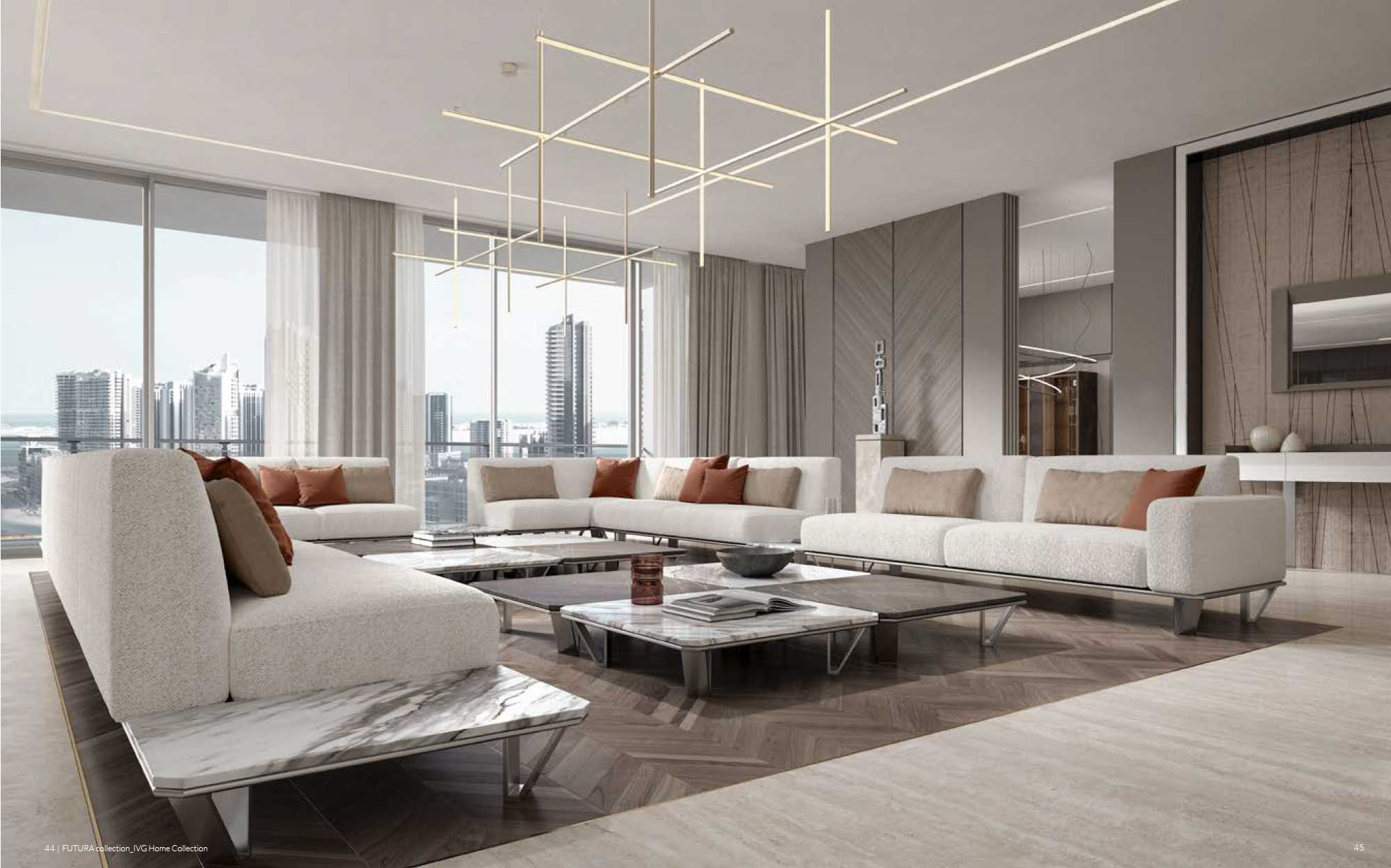 Contemporary furniture for panoramic and spacious living areas | 101DOMUS Spacious modern living room with light modular sofas, marble coffee tables and geometric ceiling lights
