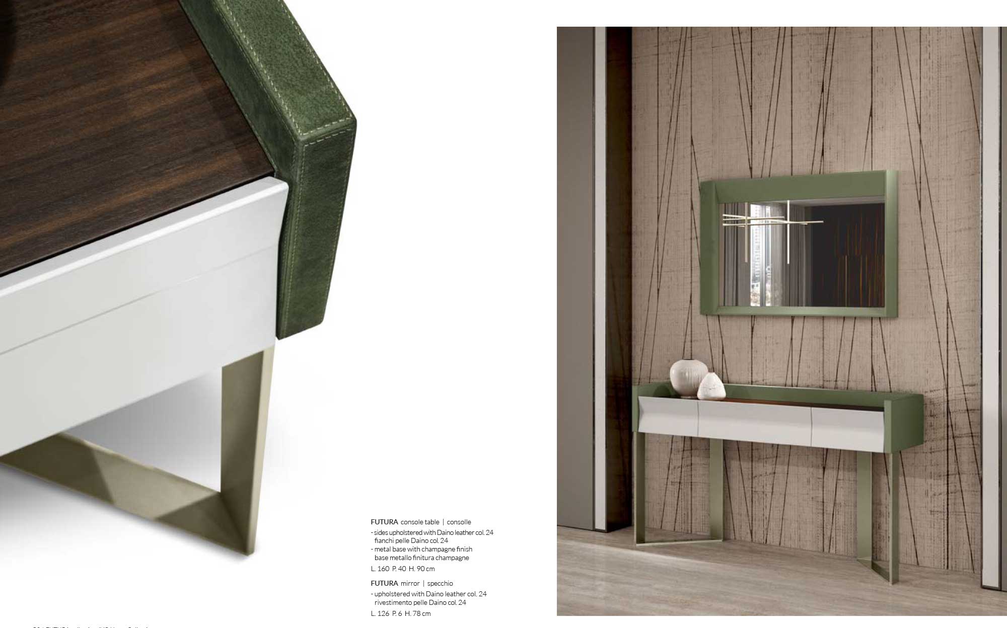Designer consoles for refined and contemporary entryways | 101DOMUSS Modern console with green leather frame, white lacquered drawers and champagne metal base, paired with matching mirror