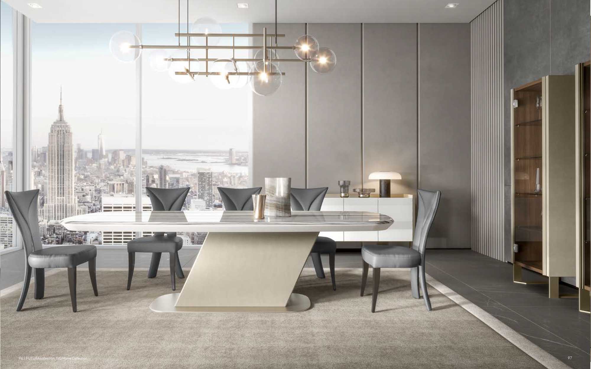 Iconic furnishings for high-end dining interiors | 101DOMUS Dining room with panoramic view, sculptural lacquered table, grey leather chairs and glass sphere chandelier