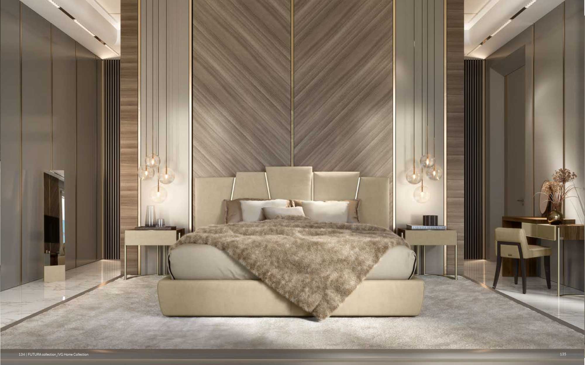 Exclusive furniture for elegant and contemporary bedrooms | 101DOMUS Luxury bedroom with beige upholstered bed, herringbone wood panels, suspended bedside lamps and dressing corner