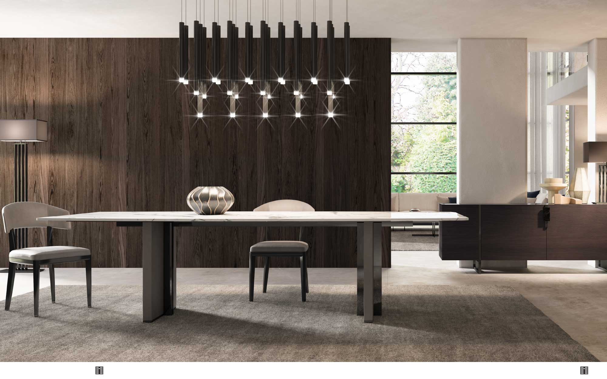 Modern dining room with rectangular marble table and geometric pendant chandelier