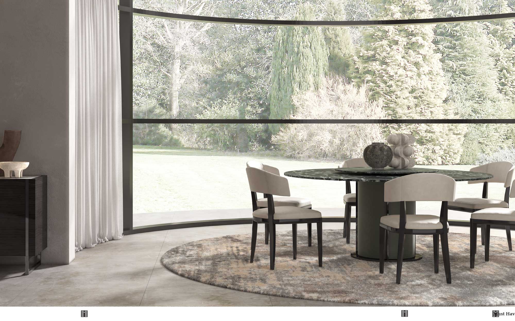 Dining room with round marble table and panoramic garden view