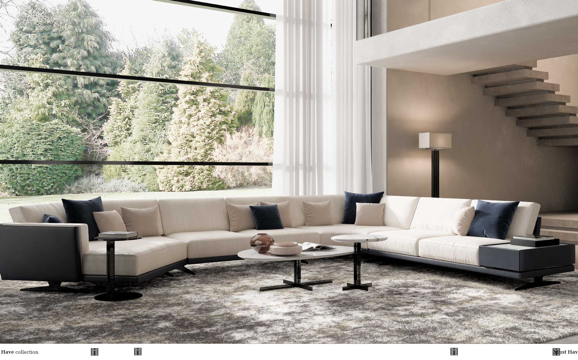 Modern living room with light corner sofa and large panoramic windows
