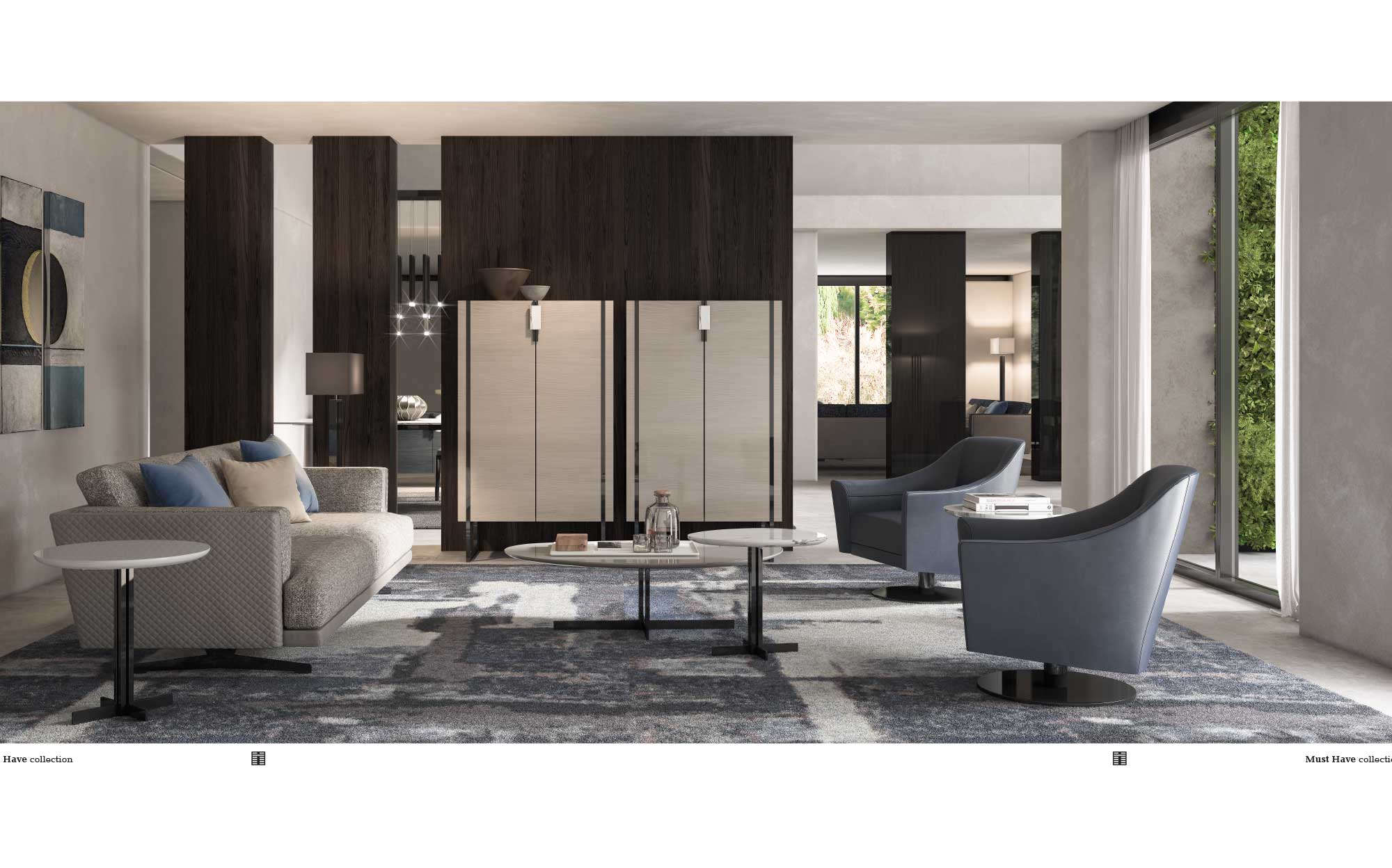 Living area with blue armchairs, elegant sofa, and modern partition wall