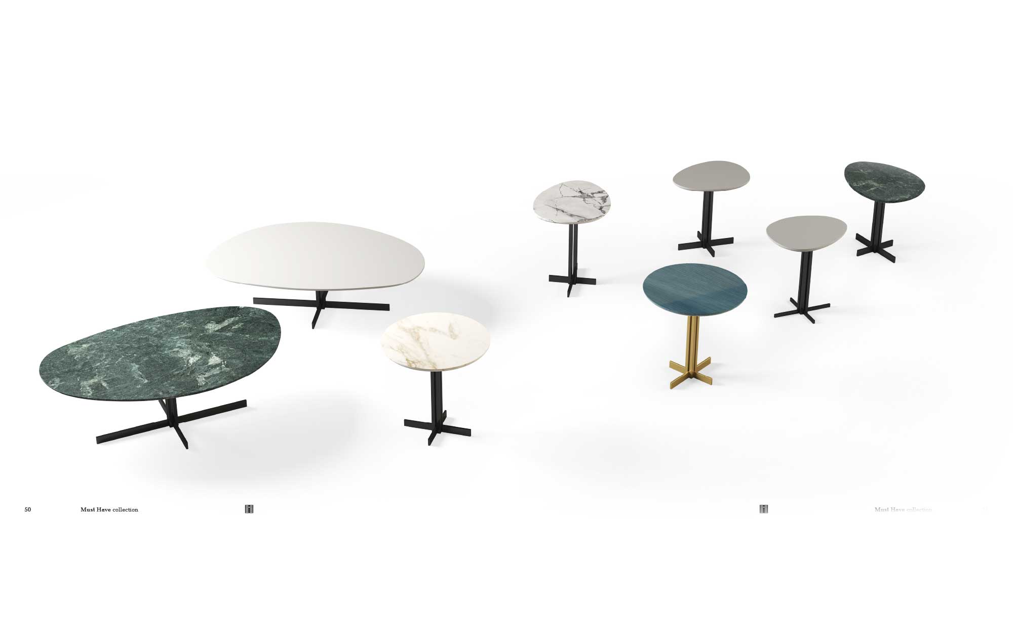Collection of round and oval coffee tables with marble tops and metal bases