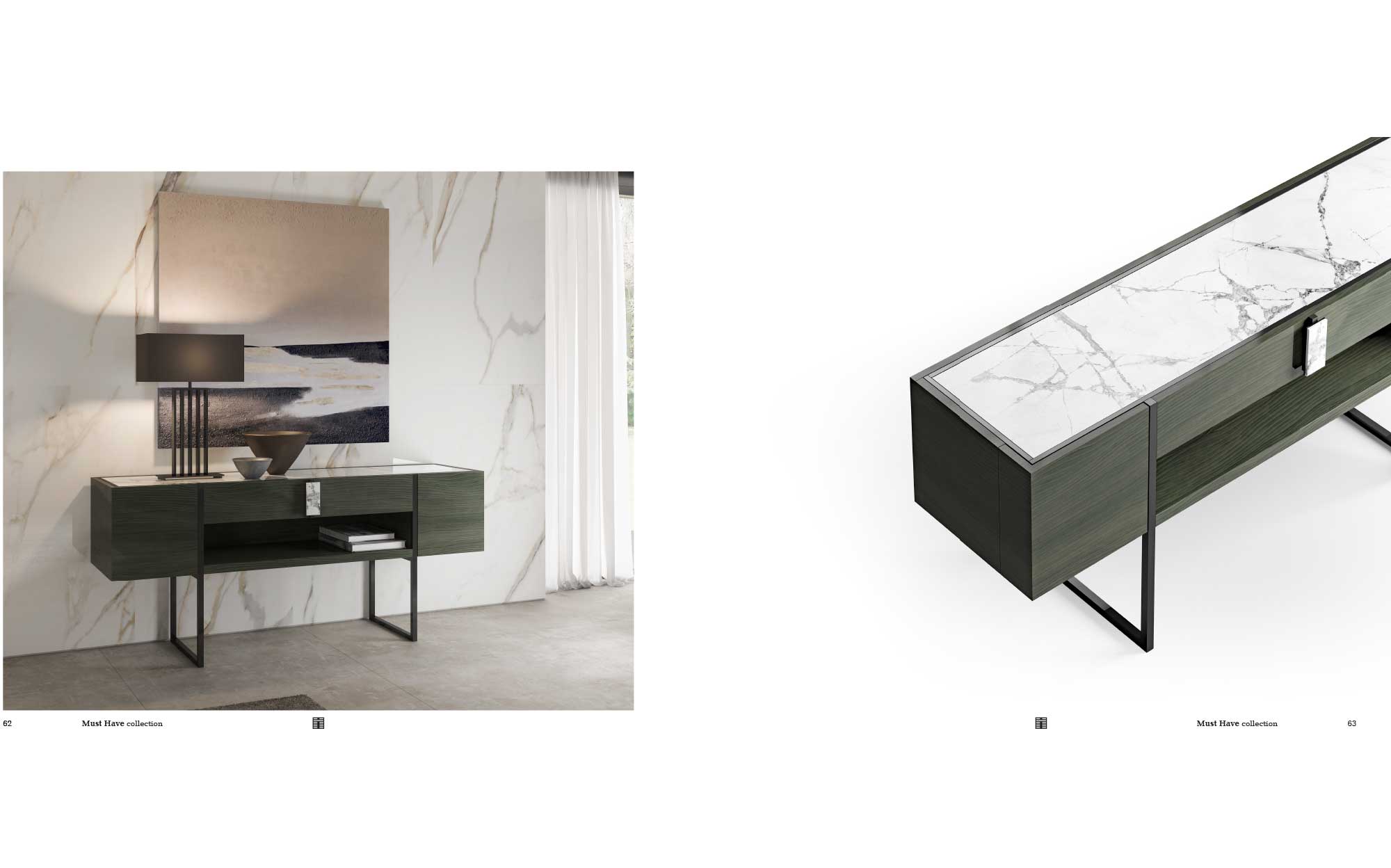Modern console with dark wood structure, black metal legs and white marble top