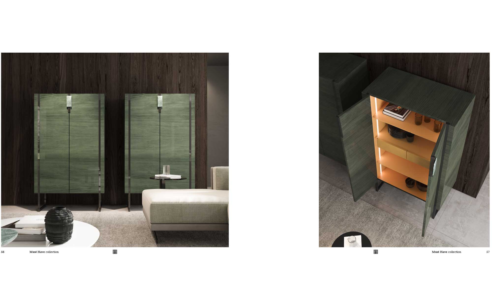 Modern tall cabinet with green wood finish and internal lighting