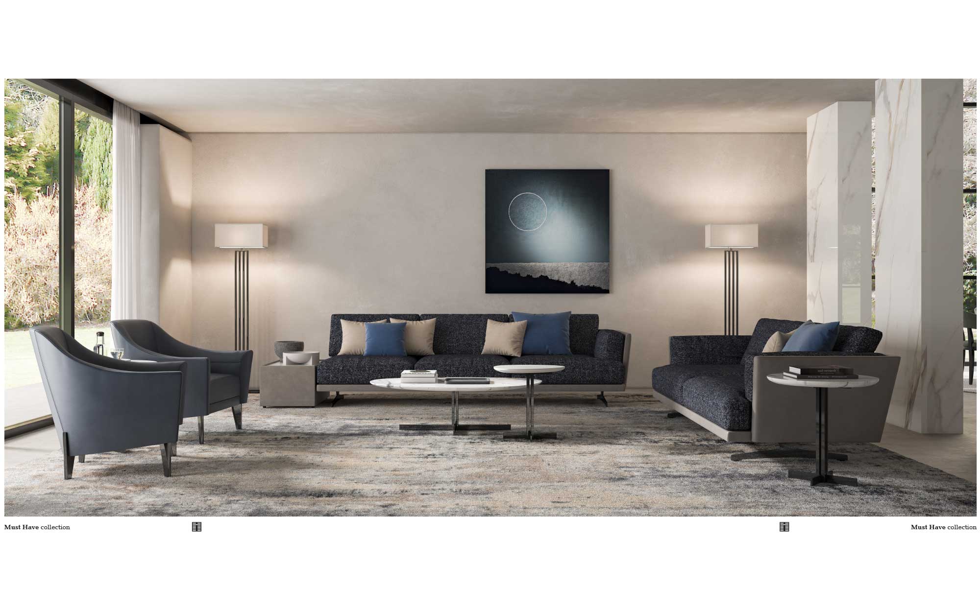 Modern living room with dark blue sofas and grey armchairs