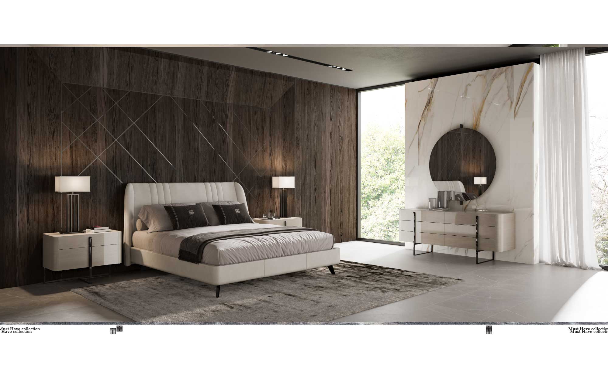 Modern bedroom with wood panel wall and marble decor