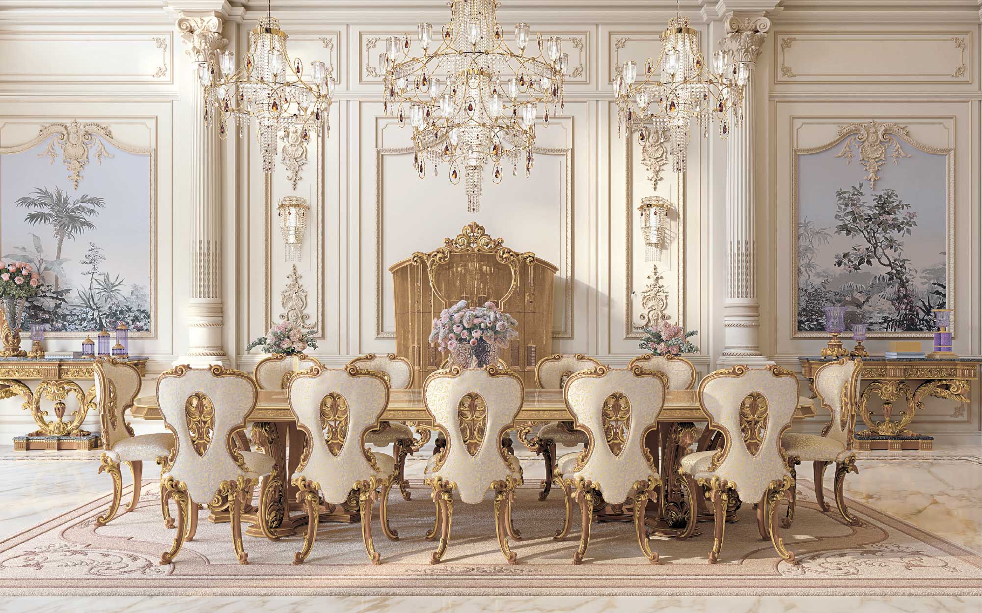Classic dining room with baroque-style table, carved chairs and crystal chandeliers