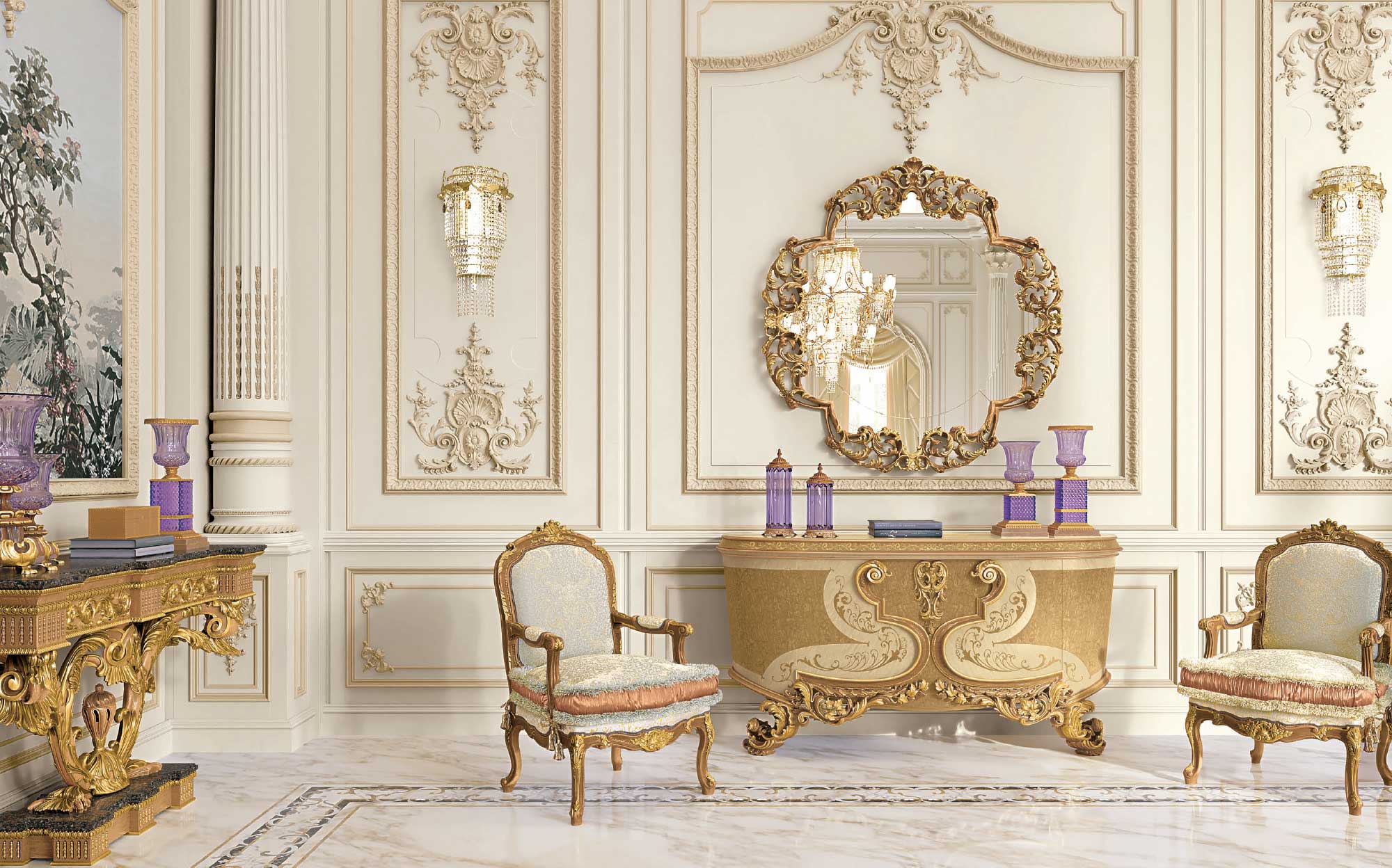 Gold console with carved mirror and classic upholstered armchairs