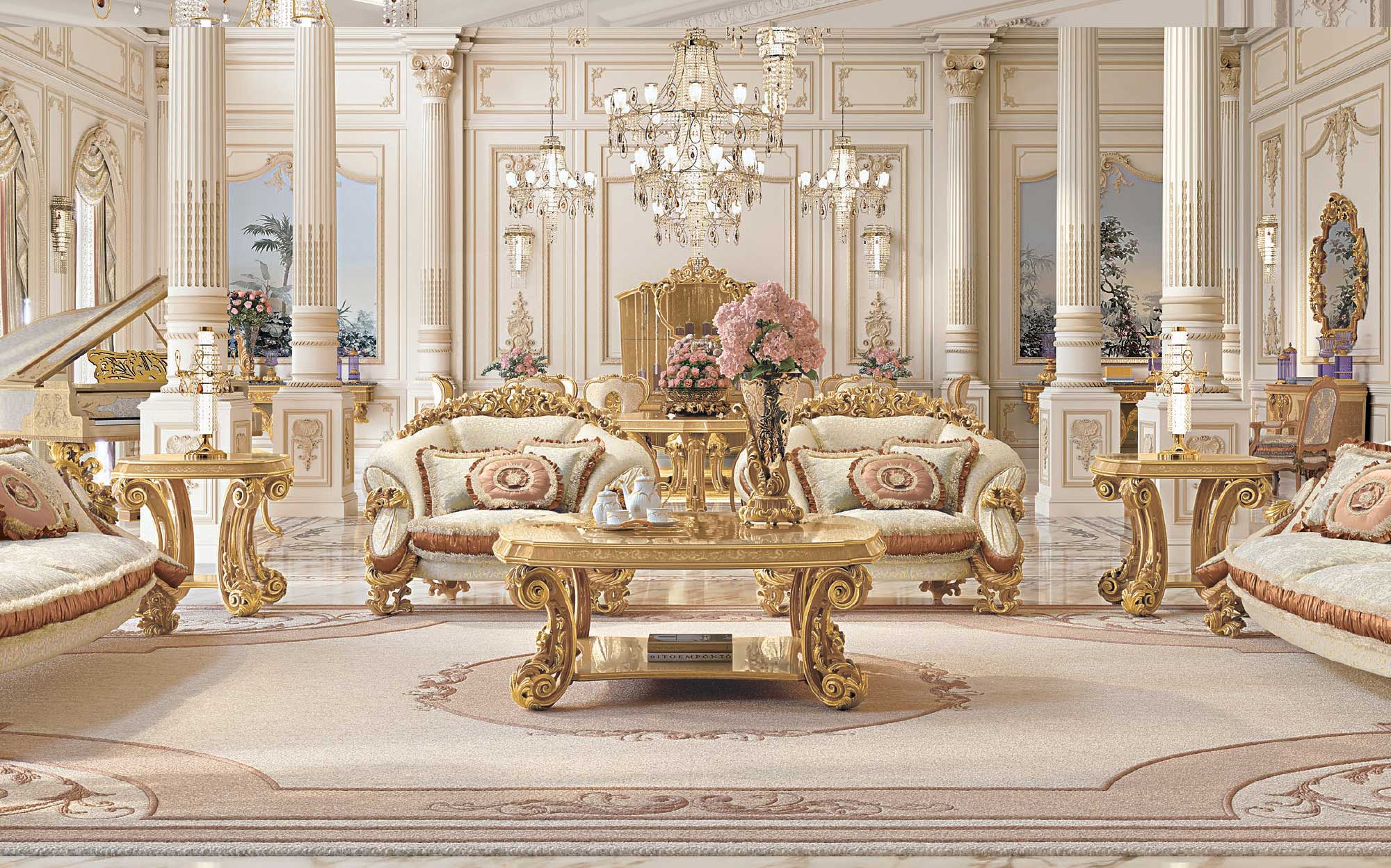 Luxurious classic living room with carved sofas and gold coffee table