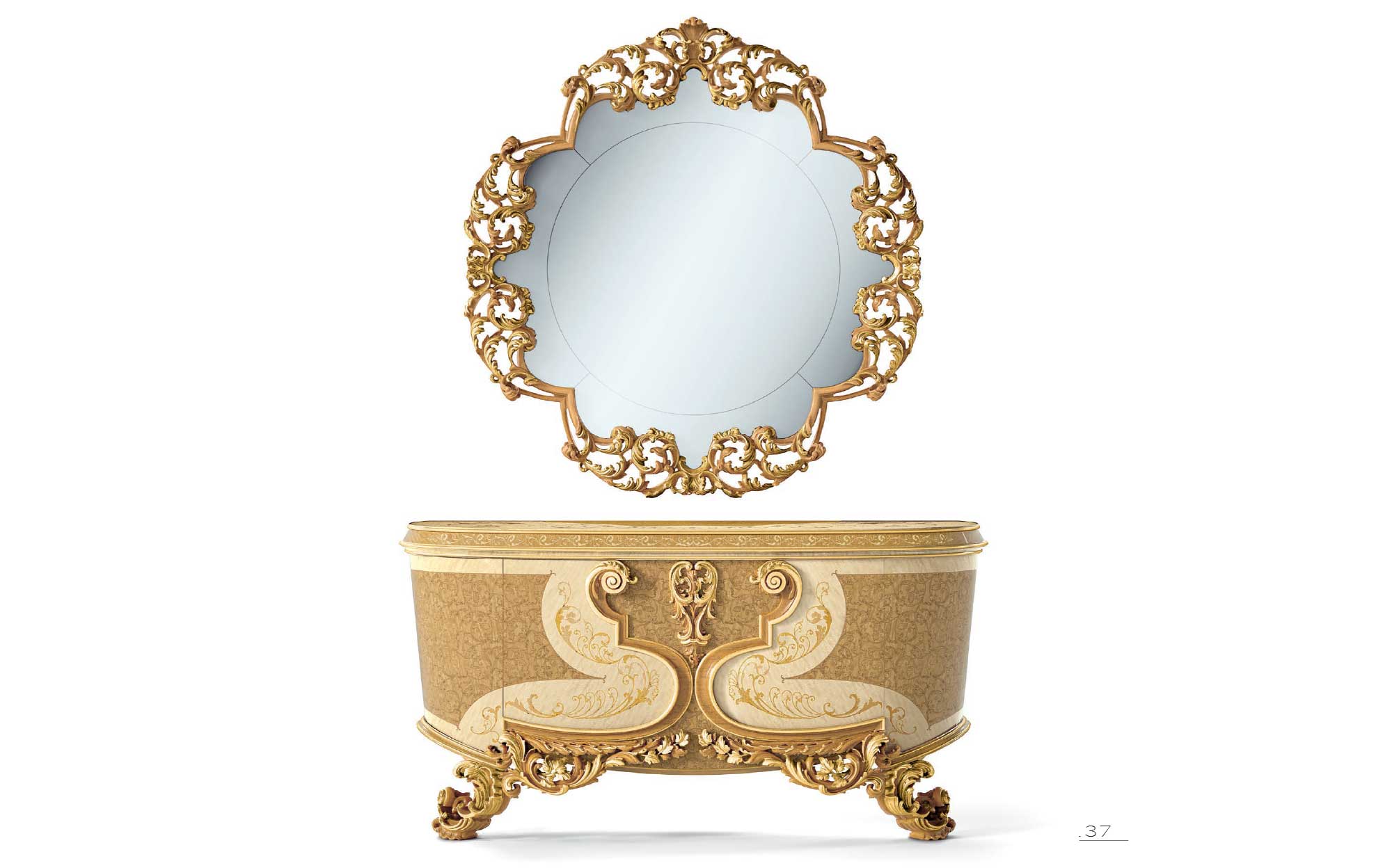 Ornate round mirror with classic carved gold sideboard