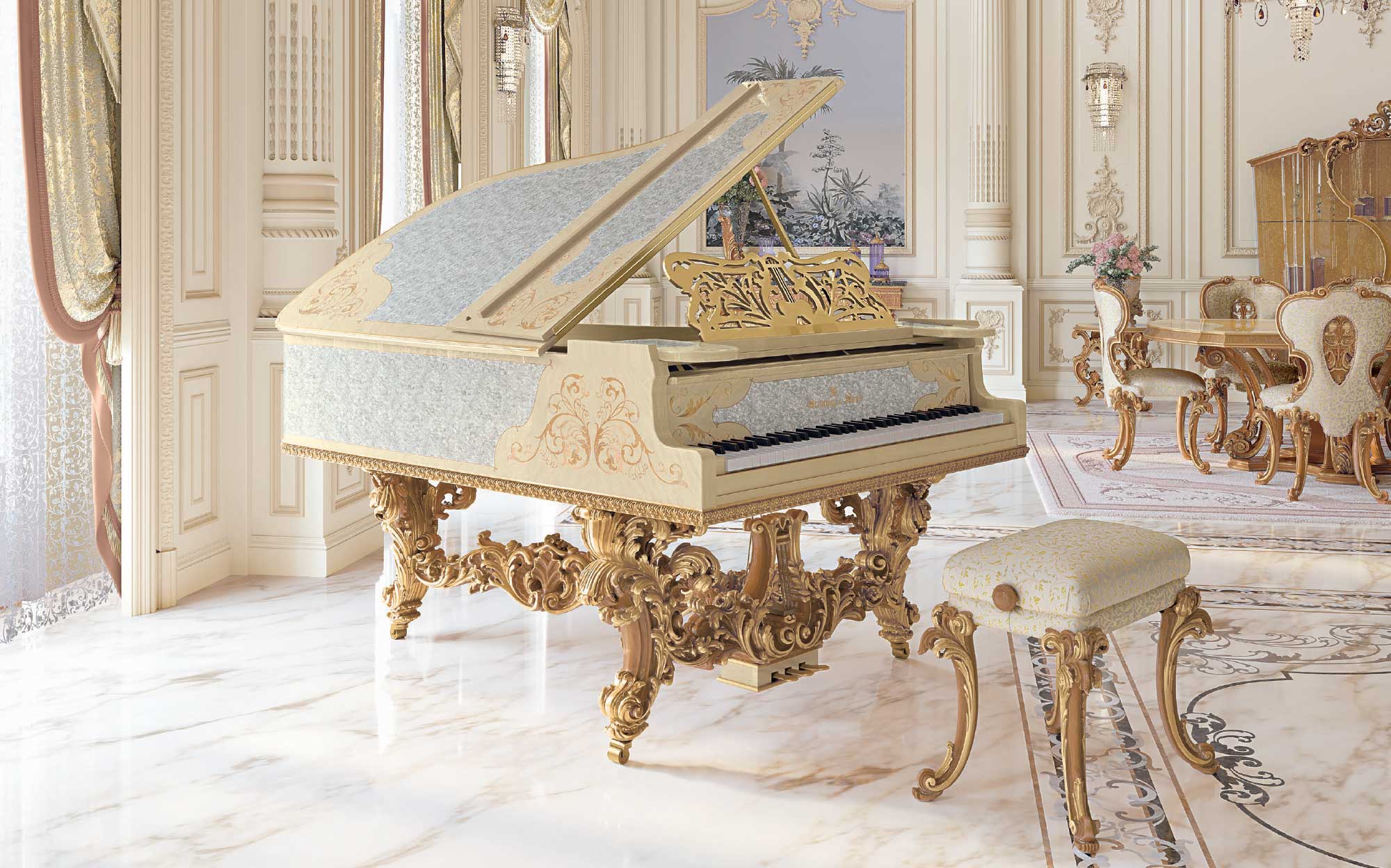 Decorative grand piano in baroque style with carved matching stool