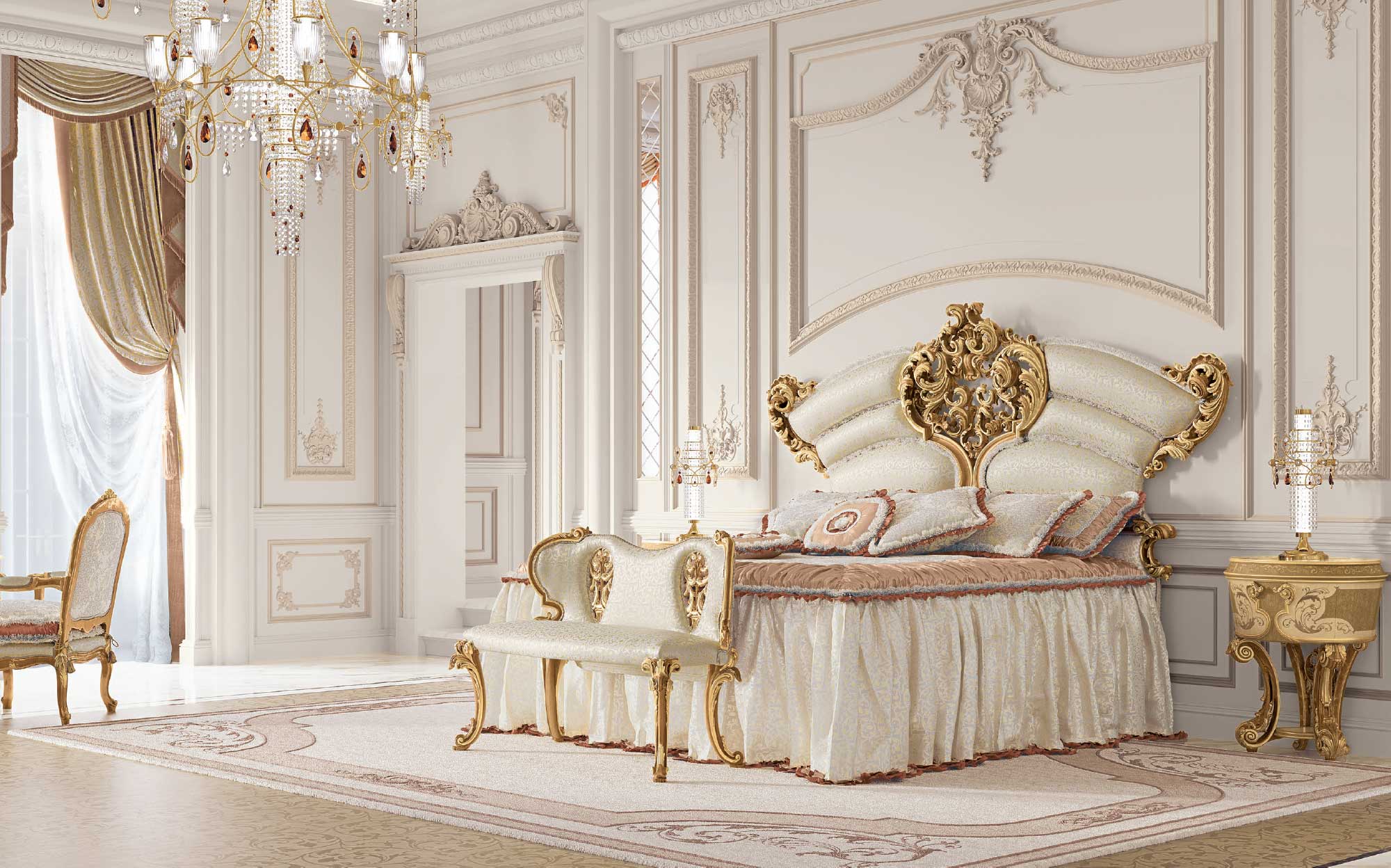 Luxurious bedroom with baroque headboard and upholstered bench