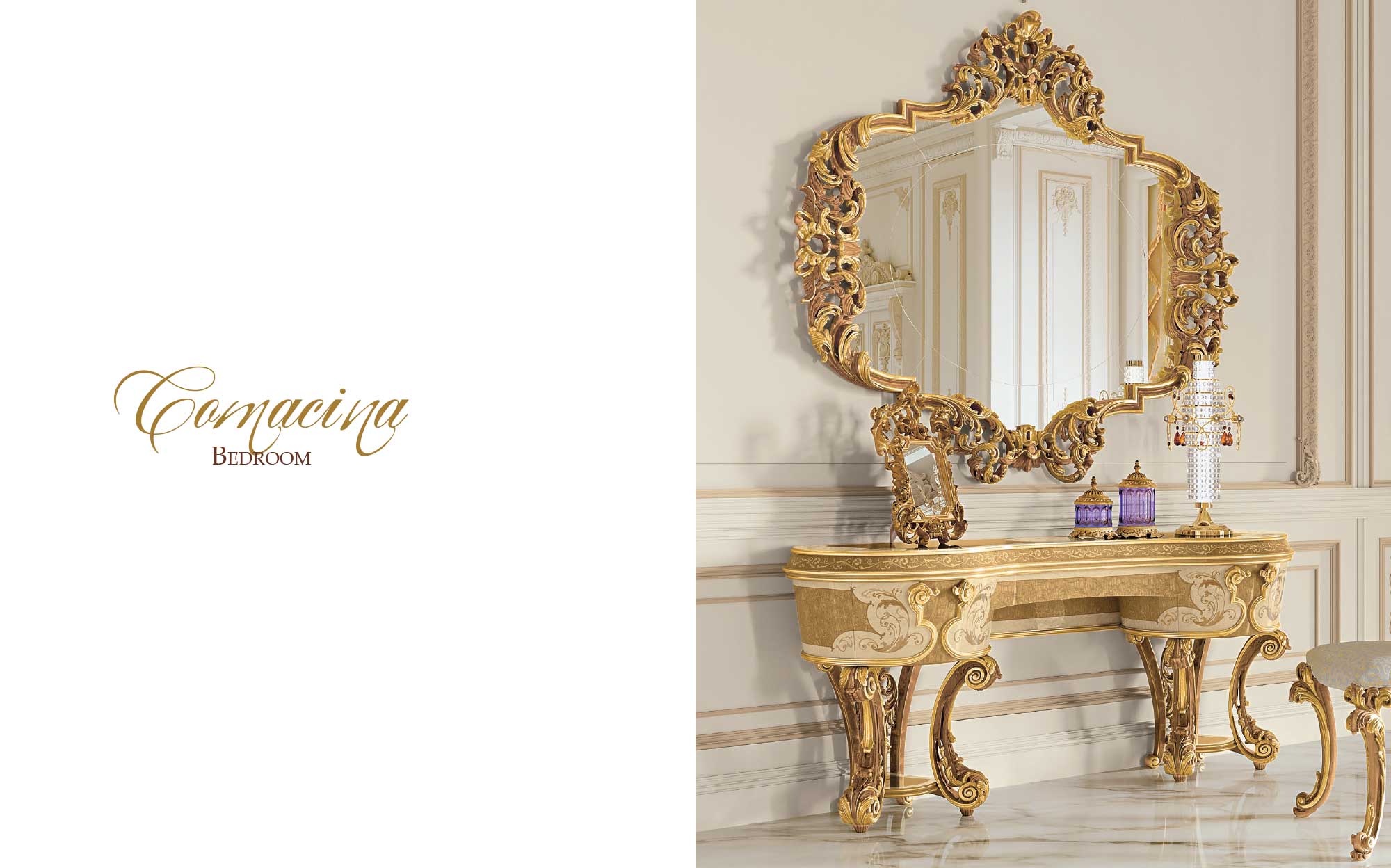 Golden vanity table with carved baroque mirror