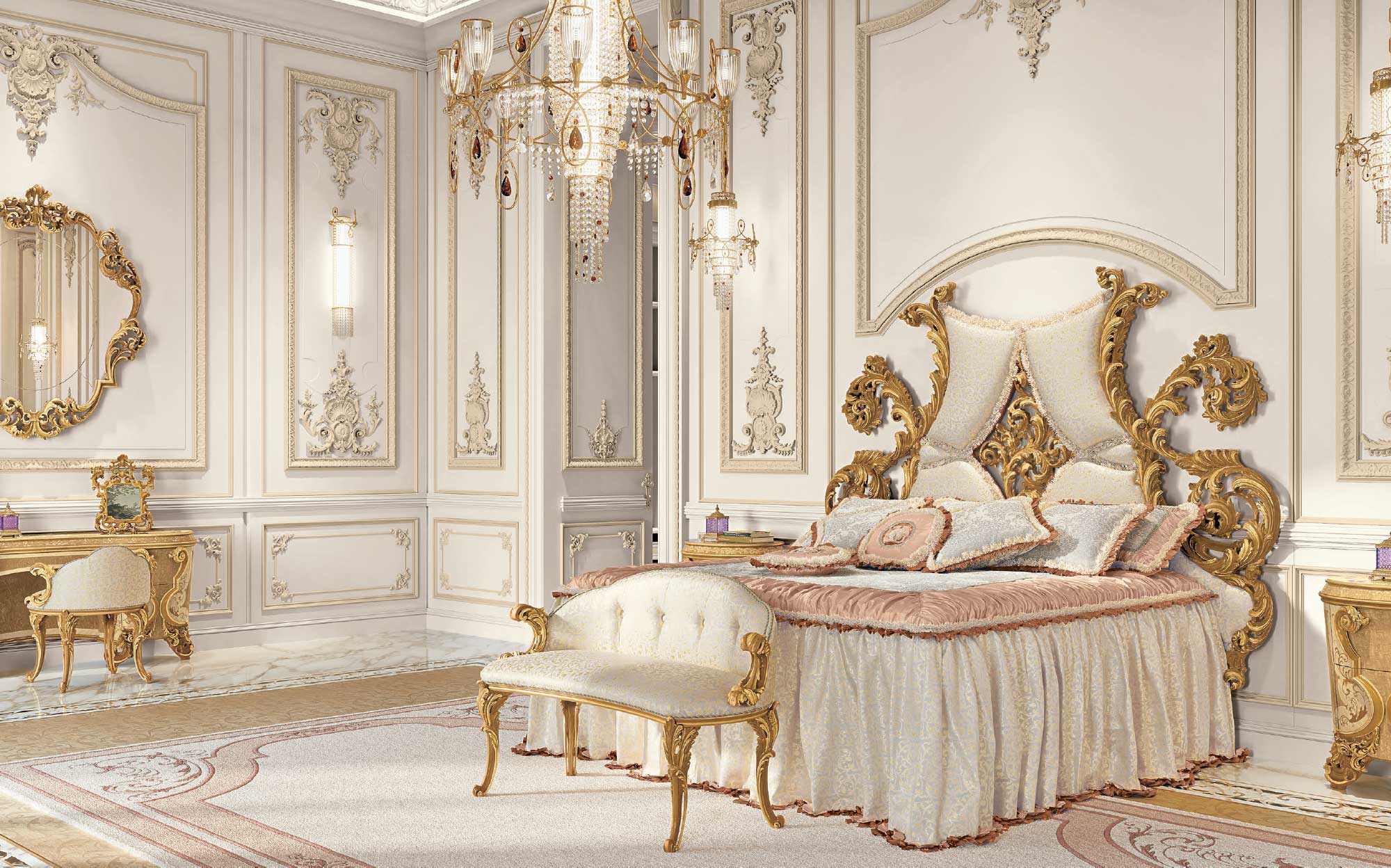 Classic bedroom with carved headboard and golden console