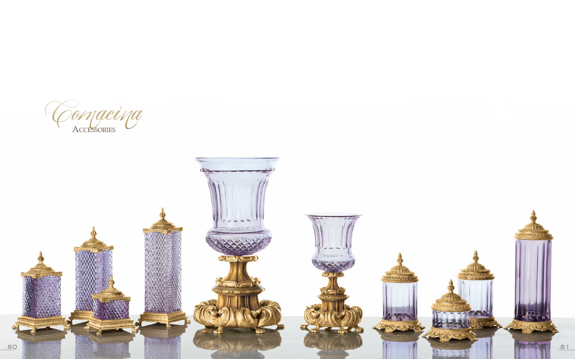 Cornacina accessory collection in lilac glass with golden details
