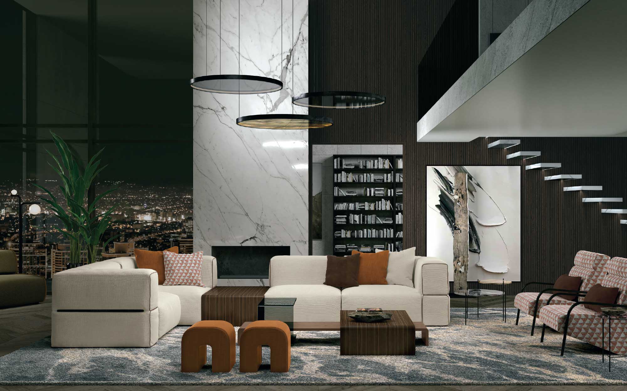 Modern living room with Castle modular sofa and panoramic night city view