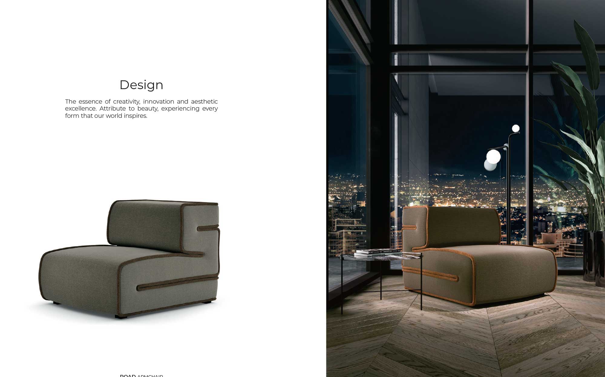 Modern armchair with contrasting leather details and panoramic night view