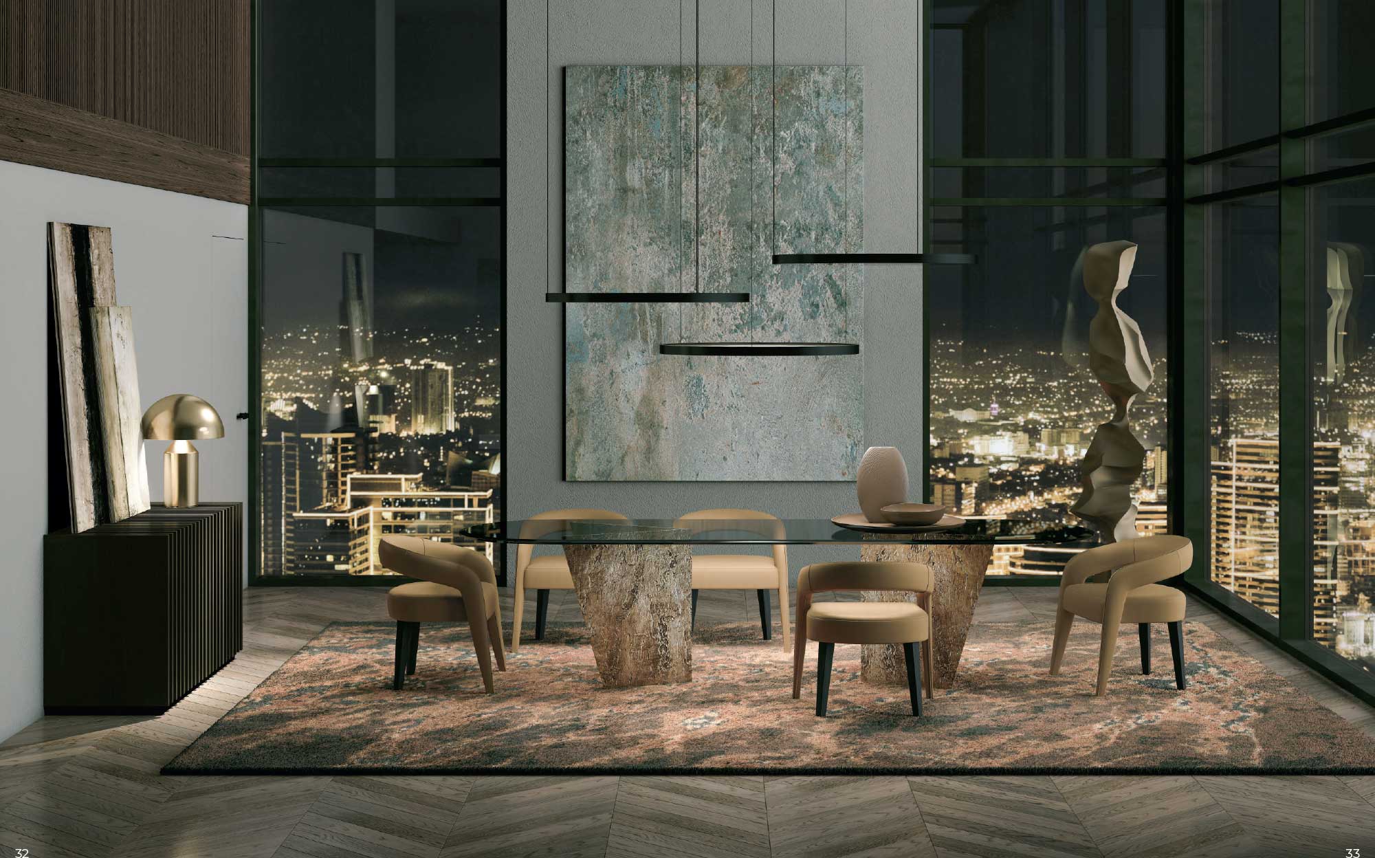 Modern dining room with glass table and panoramic night view