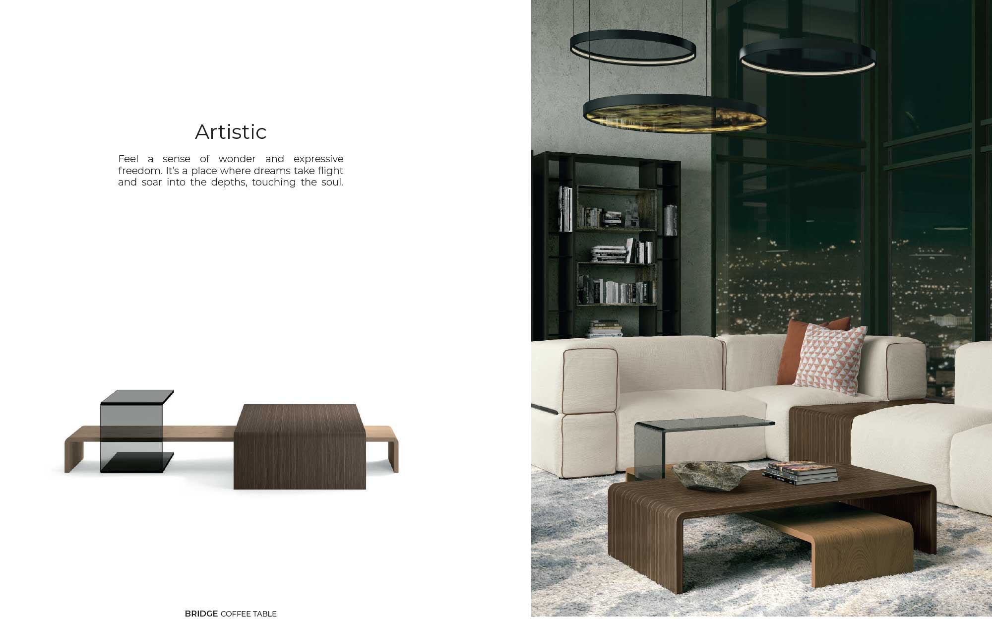 BRIDGE coffee table in wood and glass in a modern living room with night view