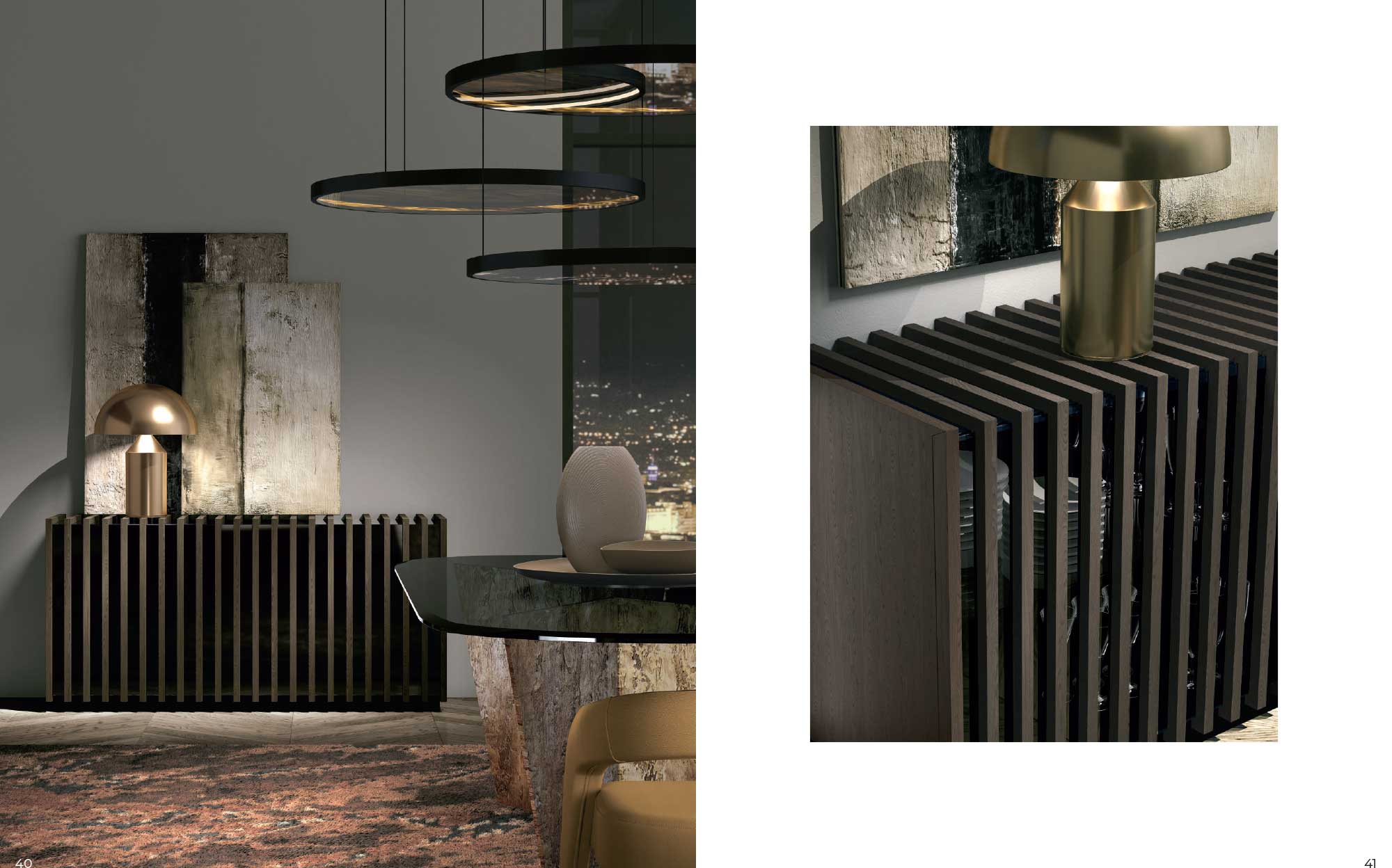 Modern wooden sideboard with glossy black vertical panels and golden table lamp