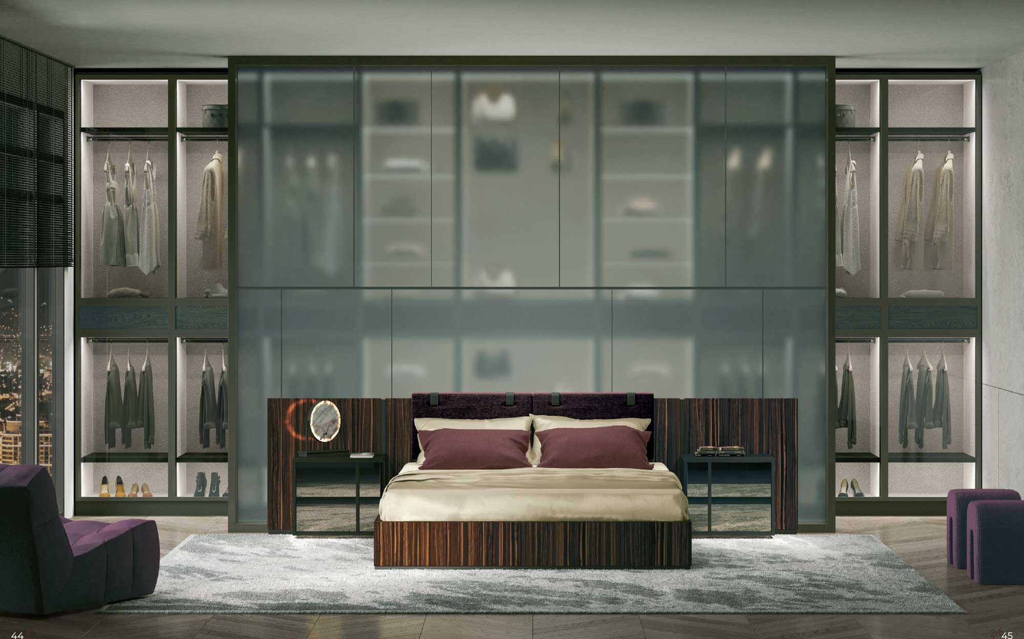 Modern double bed with dark wood headboard and backlit wardrobe wall