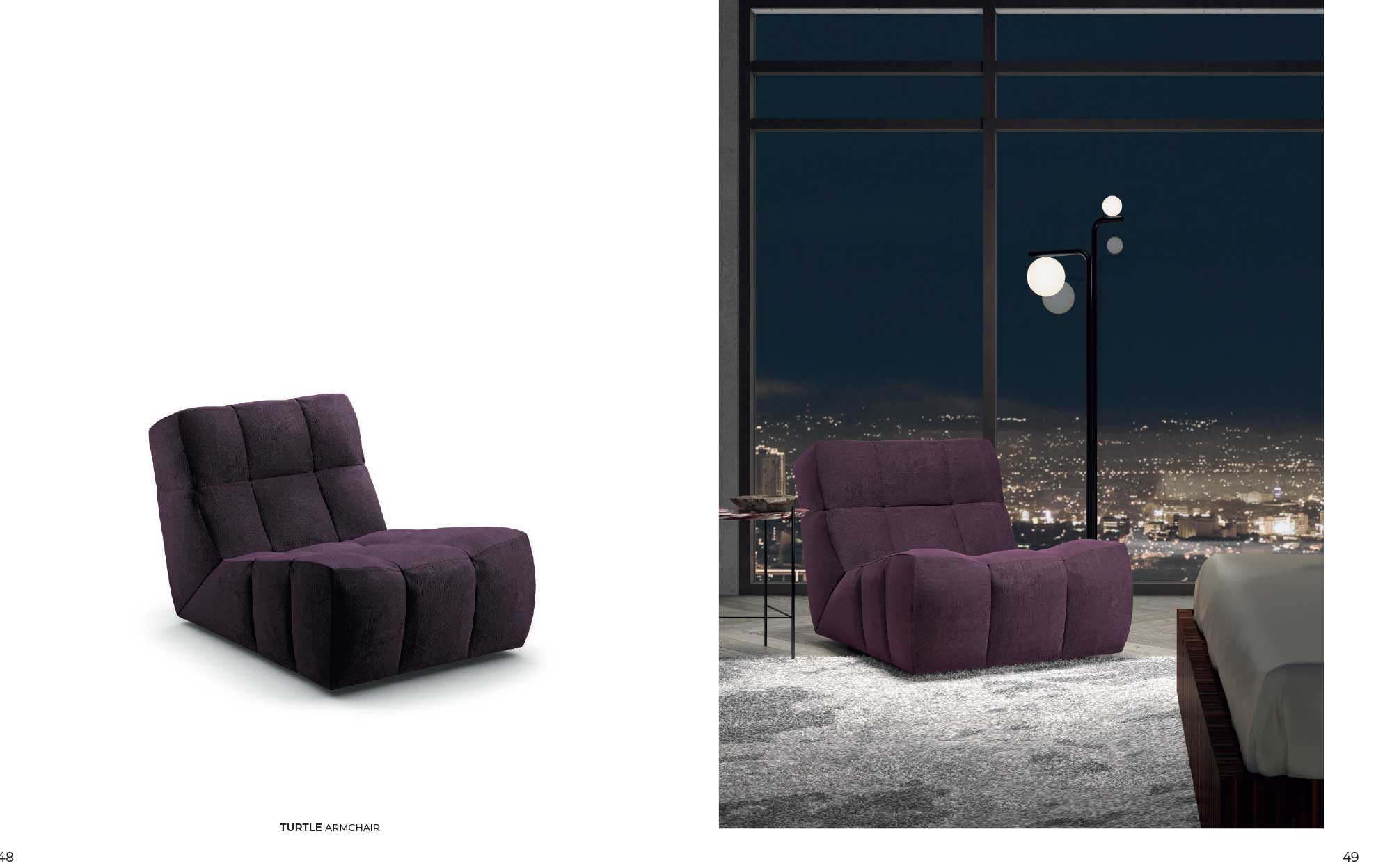 Turtle armchair in dark purple fabric with modern and cozy design