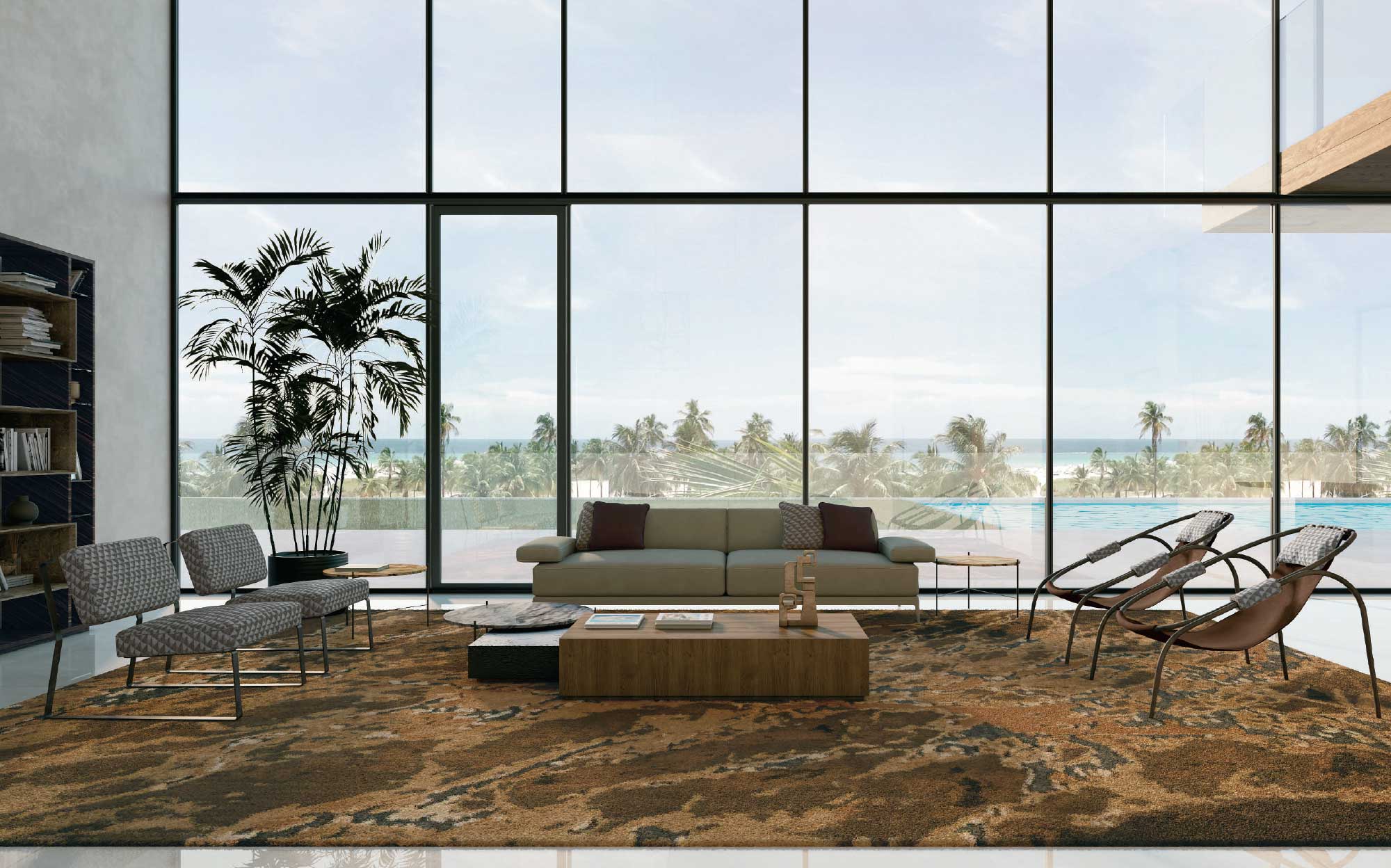 Modern living room with beige sofa, leather armchairs, and panoramic ocean view