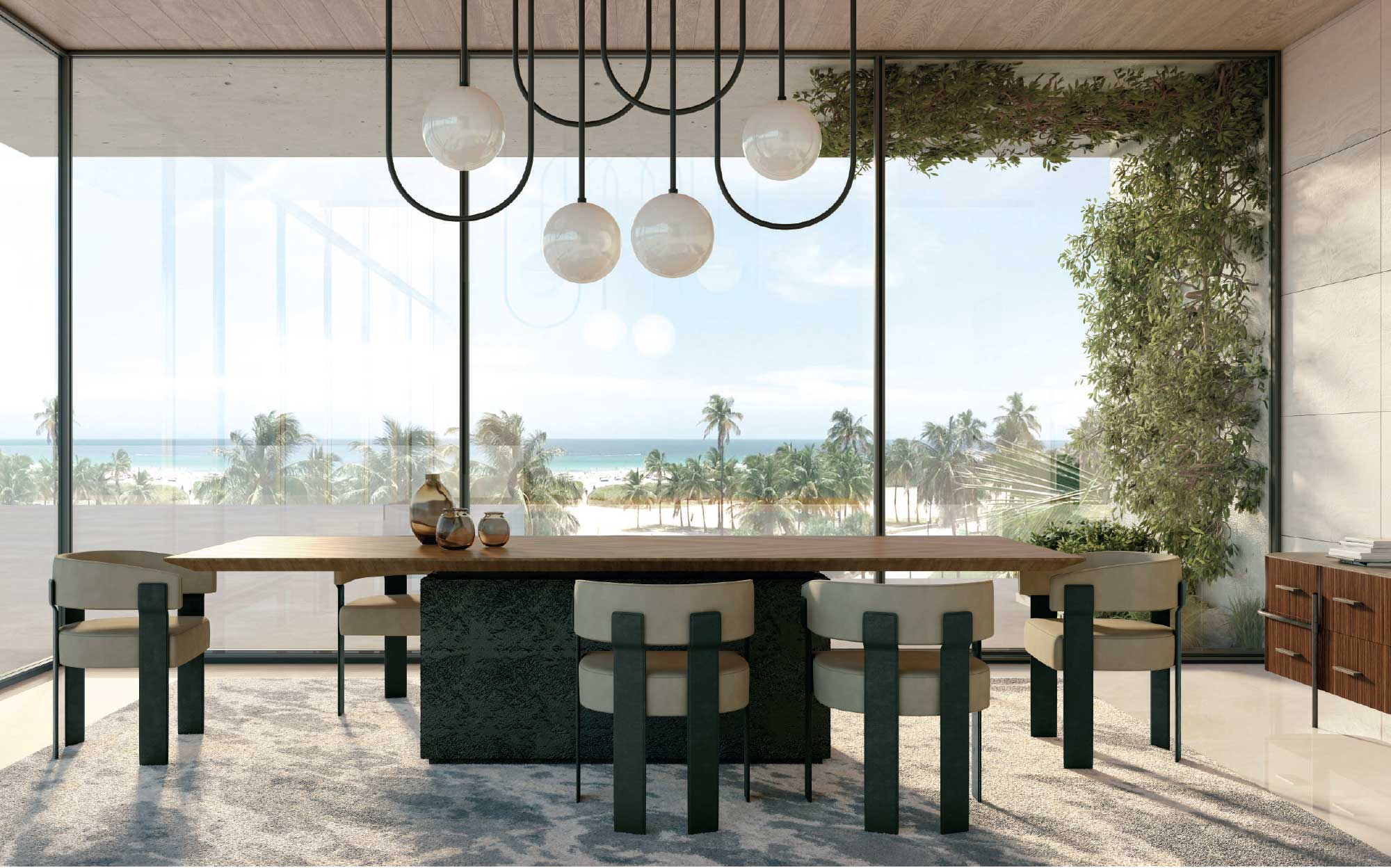 Contemporary dining room with wooden table, modern chairs, and ocean view